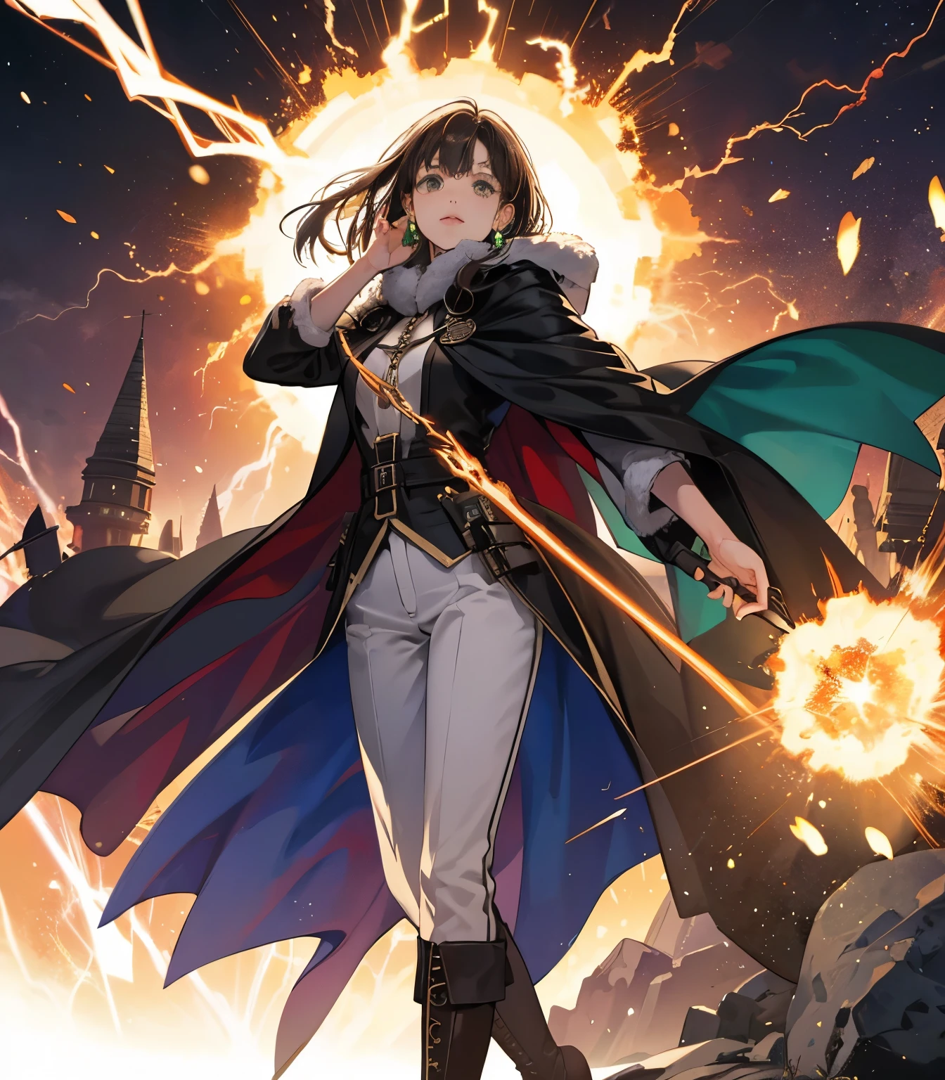 female wizard conjuring a magical lightning attack against the enemy, electric sparks hovering around her, female character, brown hair, wearing an animal skin coat, pompous cape, black cape, cold colors, green crystal earrings, a powerful wizard , calm countenance, brownish long pants, Eskimo boots, exploding energy everywhere, perfect hand, super detailed, eyes as black as onyx