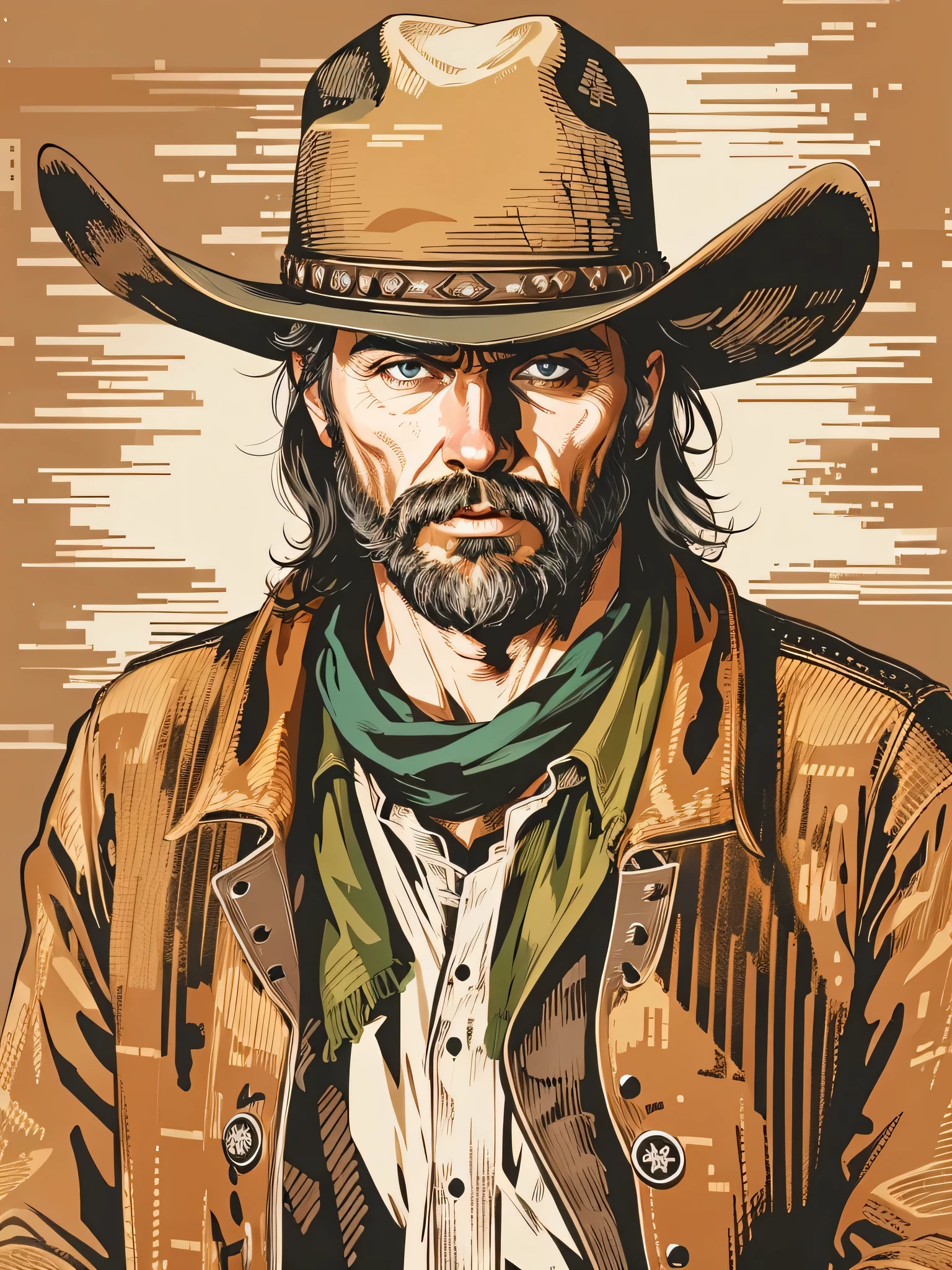 Imagem de estilo vetorial de design de alta qualidade, estilo de estampa de camiseta, cowboy graphic art white background realistic colors, cena do velho oeste americano, imagem vetorial.