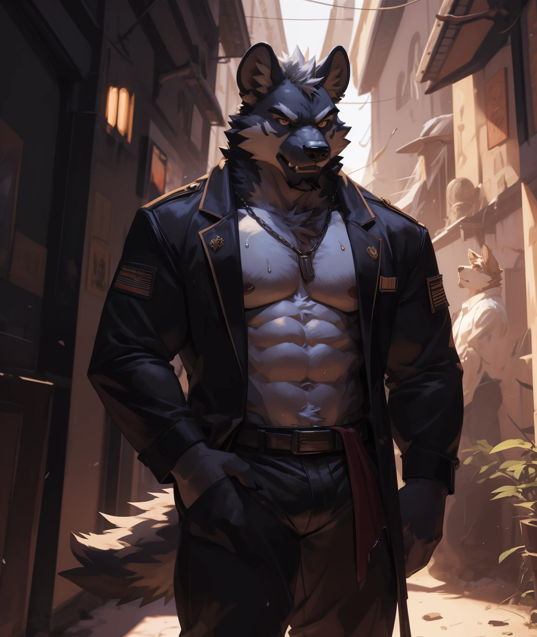 Best quality, masterpiece,ultra high res,detailed background,realistic, real shadow and light,depth of field, (View from beside), Hyena, Close-up View, SFW, Open shirt, unbutton shirt, Camouflage suit, male, adult, elder, 40years, Sexybody, muscular, Hunky, sweat body, mouth open, fangs, angry face, bad boy, close-up, details skin, Big crotch, black glove.