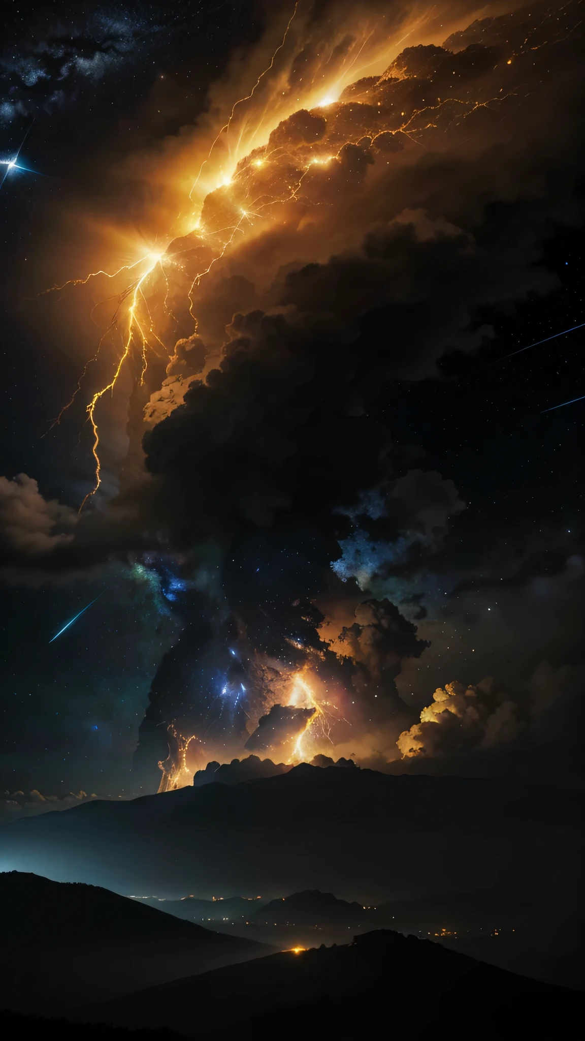 golden epic thunder storm background, with cosmic background, thunder