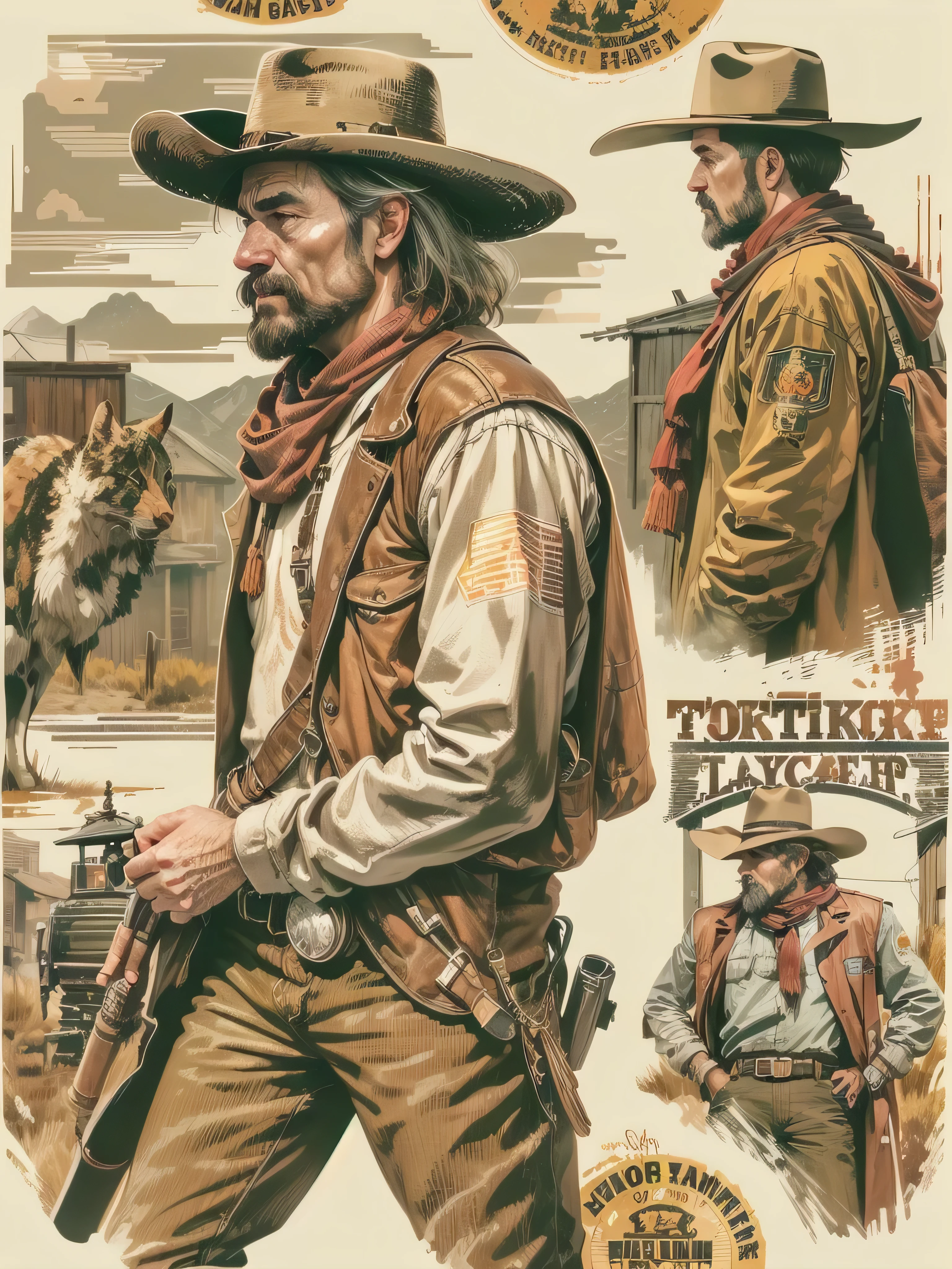 Imagem de estilo vetorial de design de alta qualidade, estilo de estampa de camiseta, cowboy graphic art white background realistic colors, cena do velho oeste americano, imagem vetorial.