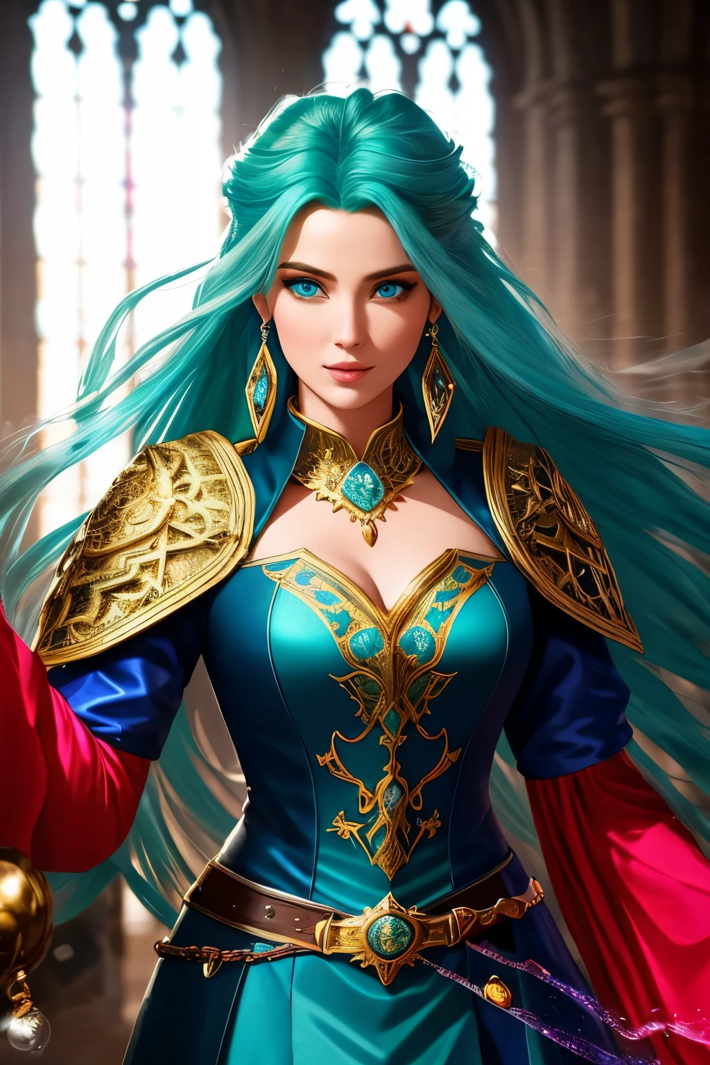 In the heart of a medieval castle's grand hall, a female mage with flowing green hair and piercing blue eyes stands, ready to unleash a magical assault against her adversaries. Her red clothes contrast sharply against the dimly lit surroundings, catching the eye as she raises her hands above her head. With a soft, gentle murmur, a swarm of shimmering bubbles begins to form around her, their vibrant hues radiating in the HDR-enhanced, studio lighting. Each bubble is rendered with extreme detail and realistic textures, their surfaces shimmering with a physical-based rendering that brings them to life.

The mage's golden triangular earrings glint in the