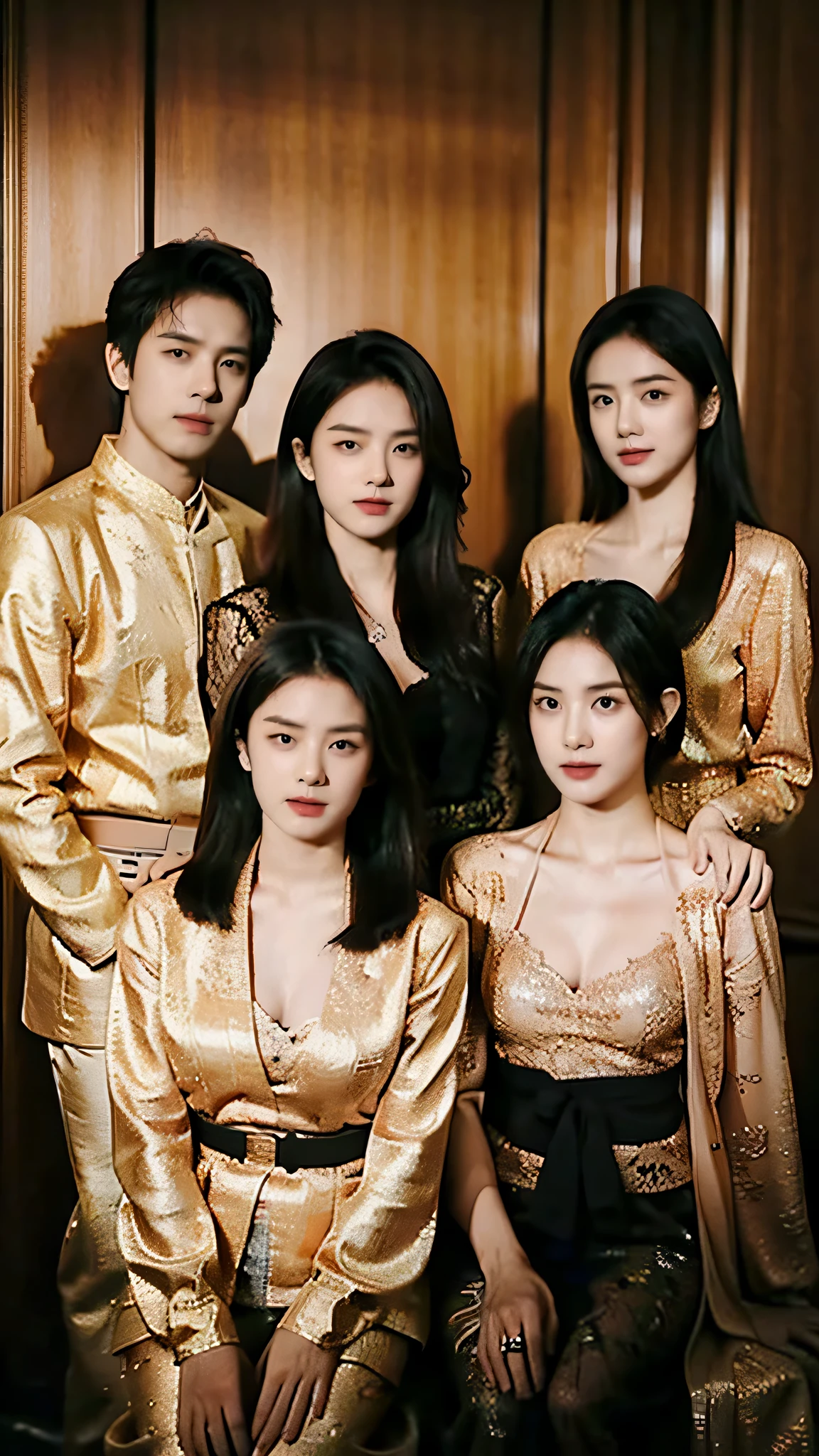 1 Family, Potrait of 3 wife Indonesian-chinese uighur girl,1 Indonesian boy (24 years old(husband)), Harem (Polygamy), long fashion hair, fit body, small cleavage, skintight black lace kebaya, batik skirt, masterpiece, highly detailed, ultra hd, 8k, detailed face, detailed eyes, perfect eyes, detailed skin texture, detailed lips, sexy lips, perfect hands, dynamic angle, cowboy shot, rich family
