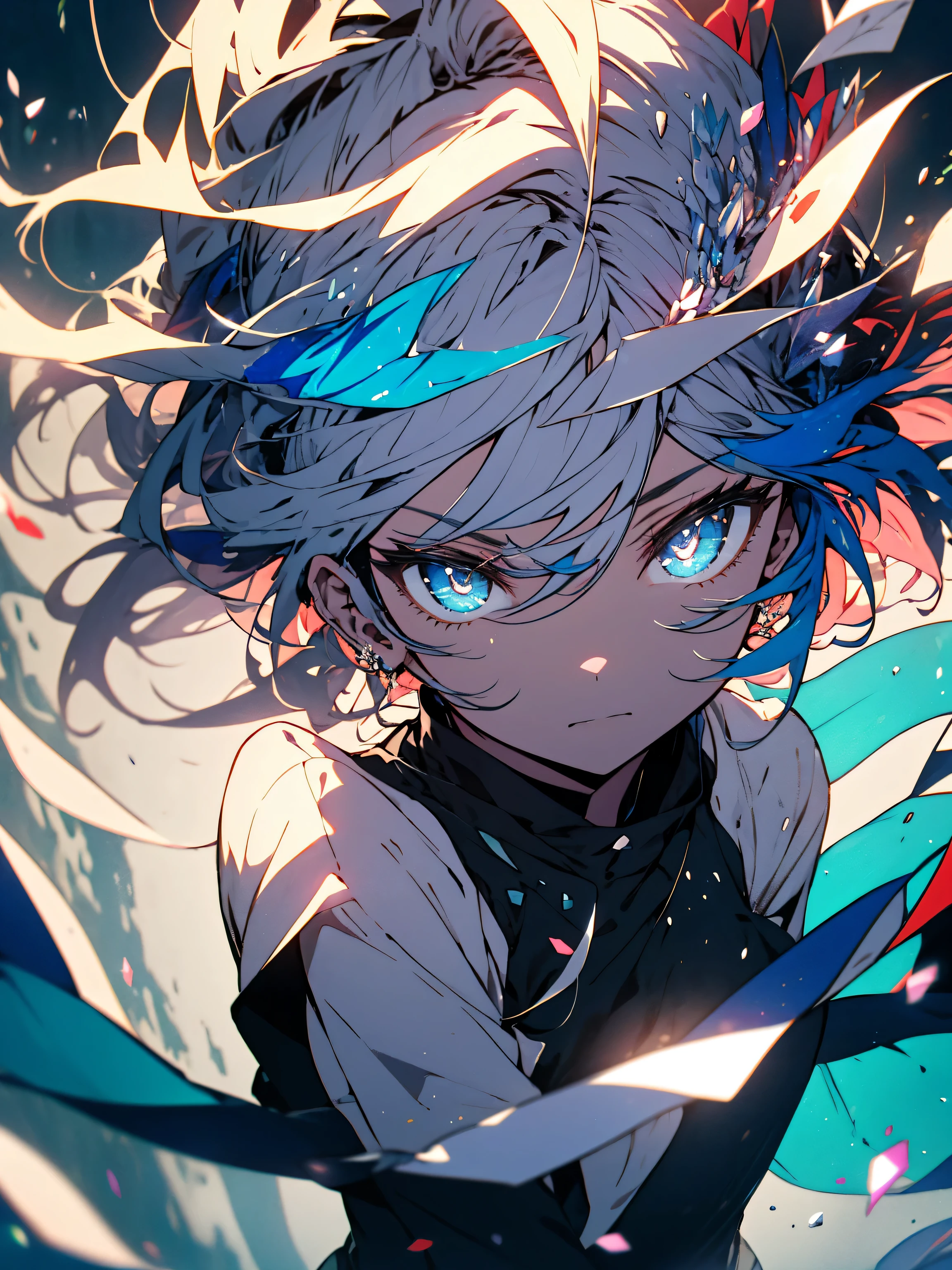 (masterpiece), (highest quality), (Super detailed),(shining eyes、detailed beautiful face),(messy hair),(shape), (1 girl), (fashionable clothes), Are standing, Fashion Model, looking at the viewer, (interview), (simple background),fine and beautiful eyes, delicate beautiful face, floating,(high color saturation),(colorful splashes),colorful bubble,(shining), focus on face, ponytail, kamisato ayaka, light blue hair, bangs, hair ring, floating flowers, floating hair, (shining), best writing, best shadow,beautiful anime