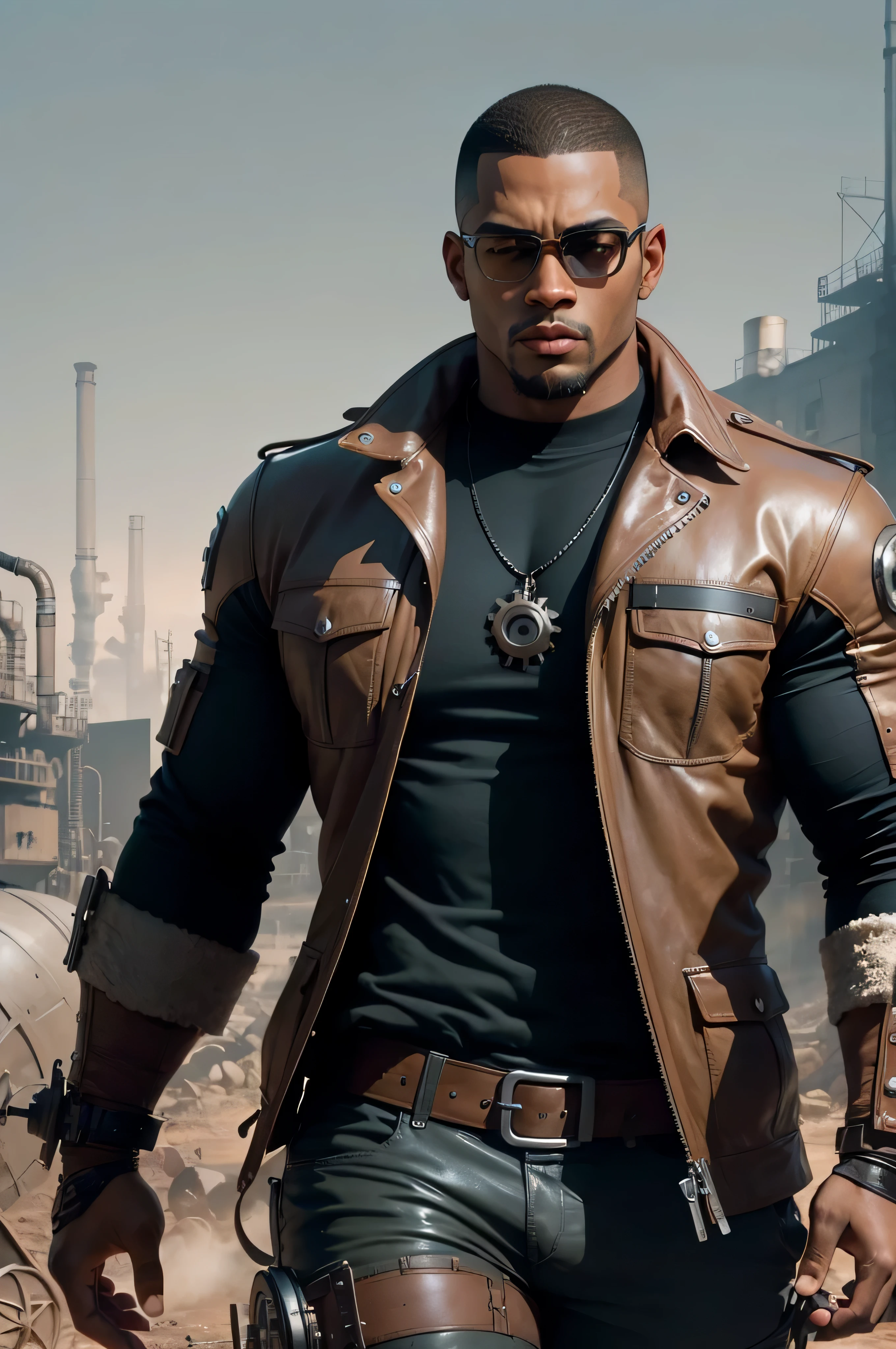 um homem negro em um terreno baldio, big muscle, Big bulge, copos, Buzz Cut, Estilo steampunk, arte steampunk, complex mechanical devices, como engrenagens, tubes, valves, (enorme arquitetura industrial: 1.4), tema preto, retrofuturismo, detalhes insanos, (Fujifilm XT3), 20 megapixels, detalhado, Film grain,