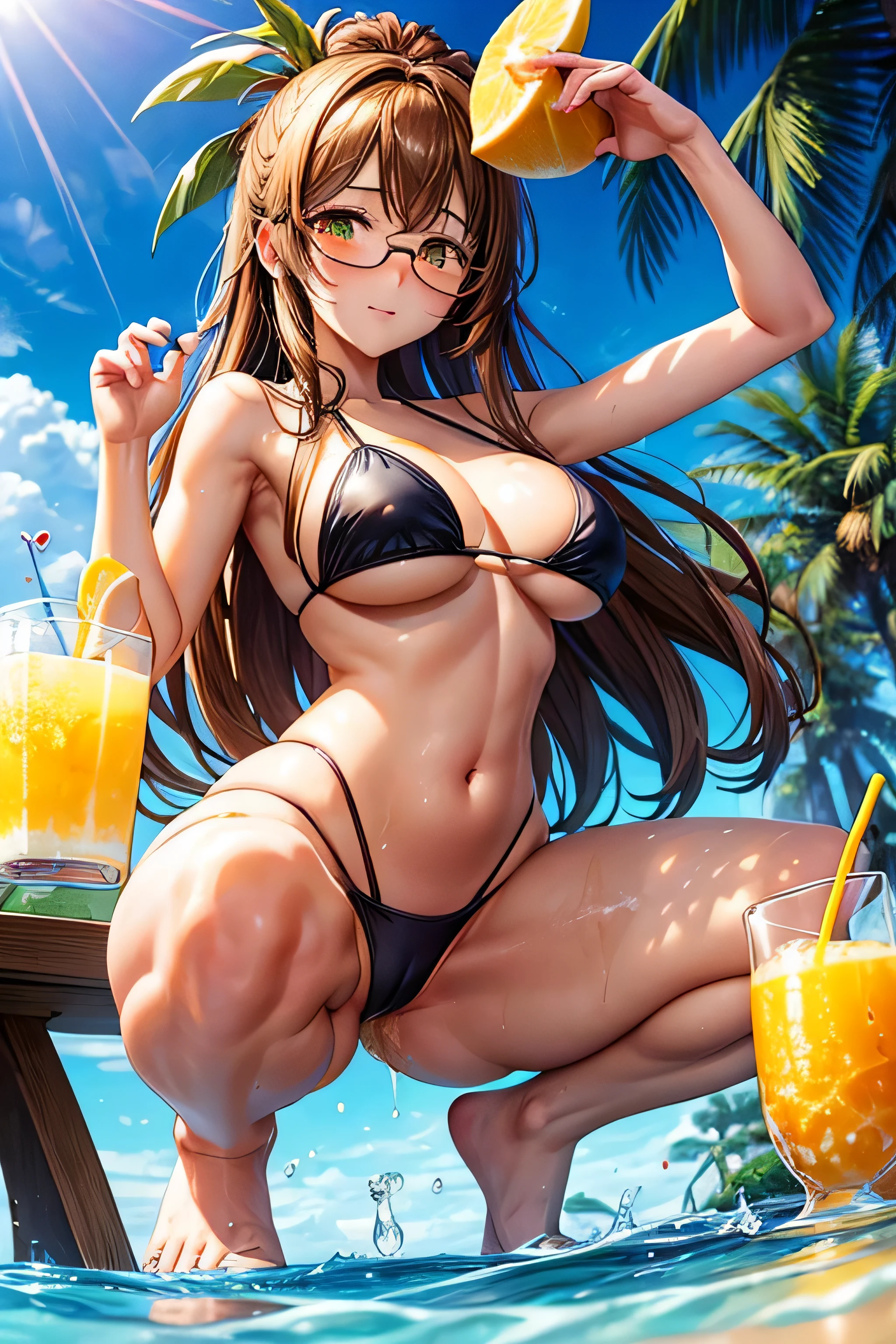 High resolution, high quality, 1 girl, anime girl, brown long hair, brown eyes,heart-shaped pupil, Green glasses, tanned skin, big breasts,beautiful breasts, (big ass),beautiful butt,白いスクールwater着,squat,(drink a lot of juice),(inflate one&#39;s stomach),(put your hand on your crotch),(lemonade),(lemon juice),(orange juice),(mango juice),(Binapple juice),(water),at the cafe,