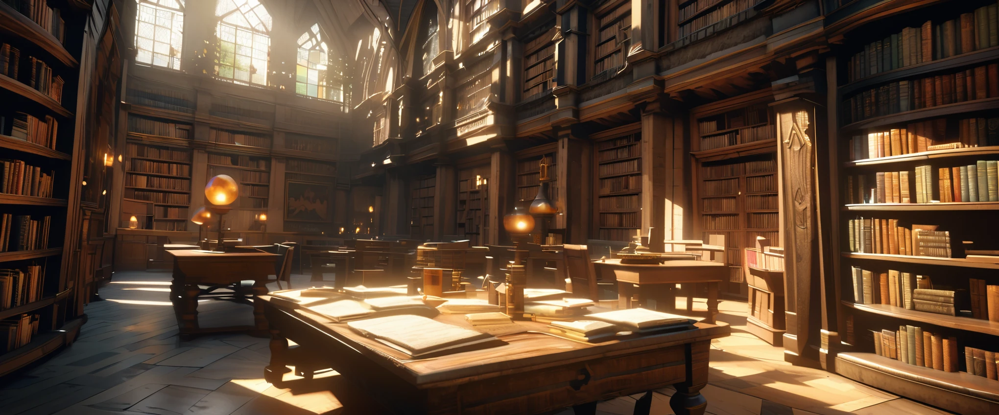 A library photographed with an ultra-wide-angle lens. A library filled with a majestic atmosphere of knowledge. High linear bookshelves, ``Harry Potter'' where witches eager to study democratize the practice of magic, fantastic milky white spells swirling in the air, and flickering candles create a fantastic space. The atmosphere as if the boundaries between reality and the magical world have become blurred, the tall black boots peeking out from under the flowing cloaks, and the pens and papers scattered around the table witches' concentration are reminiscent of titles such as ``Advanced.'' It is a testament to their dedication and determination to master this difficult art book. Transfiguration, The Mystical Properties, Masterpiece, Masterpiece, 32k, 3D, Artwork, Tradition and Mysticism, Library with School of Wizardry, Perfect Composition, Photography with Wide Angle Lens, Photorealistic, Fantasy, Rich Colors, Complex details, beautiful light and shadows, zentangle elements, dim background, a wizard with an oil lamp is looking at a bookshelf