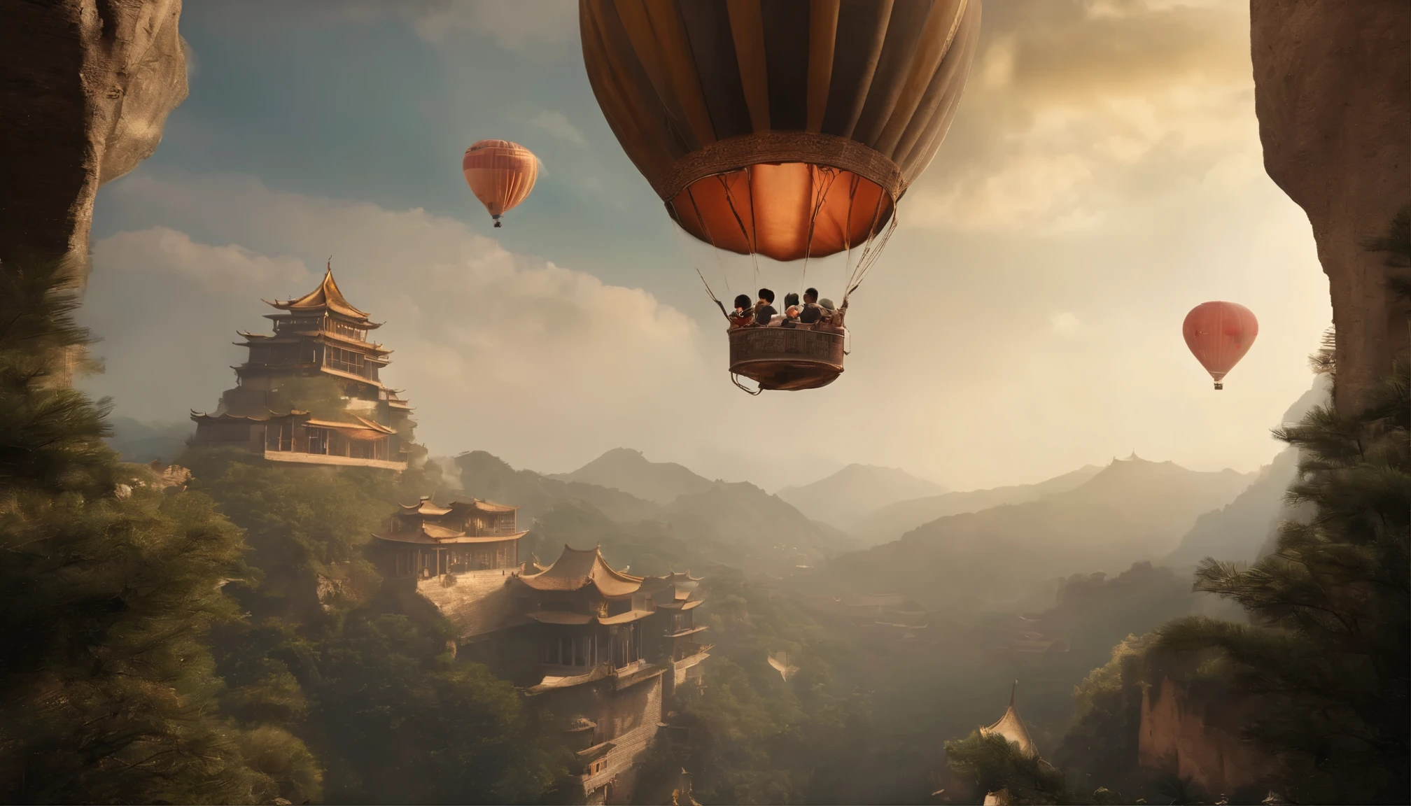 A child sits inside a hot air balloon,人物half body shot,Chang'an City during the Tang Dynasty in China,ancient architecture,looking down camera,half body shot,The sky is clear,