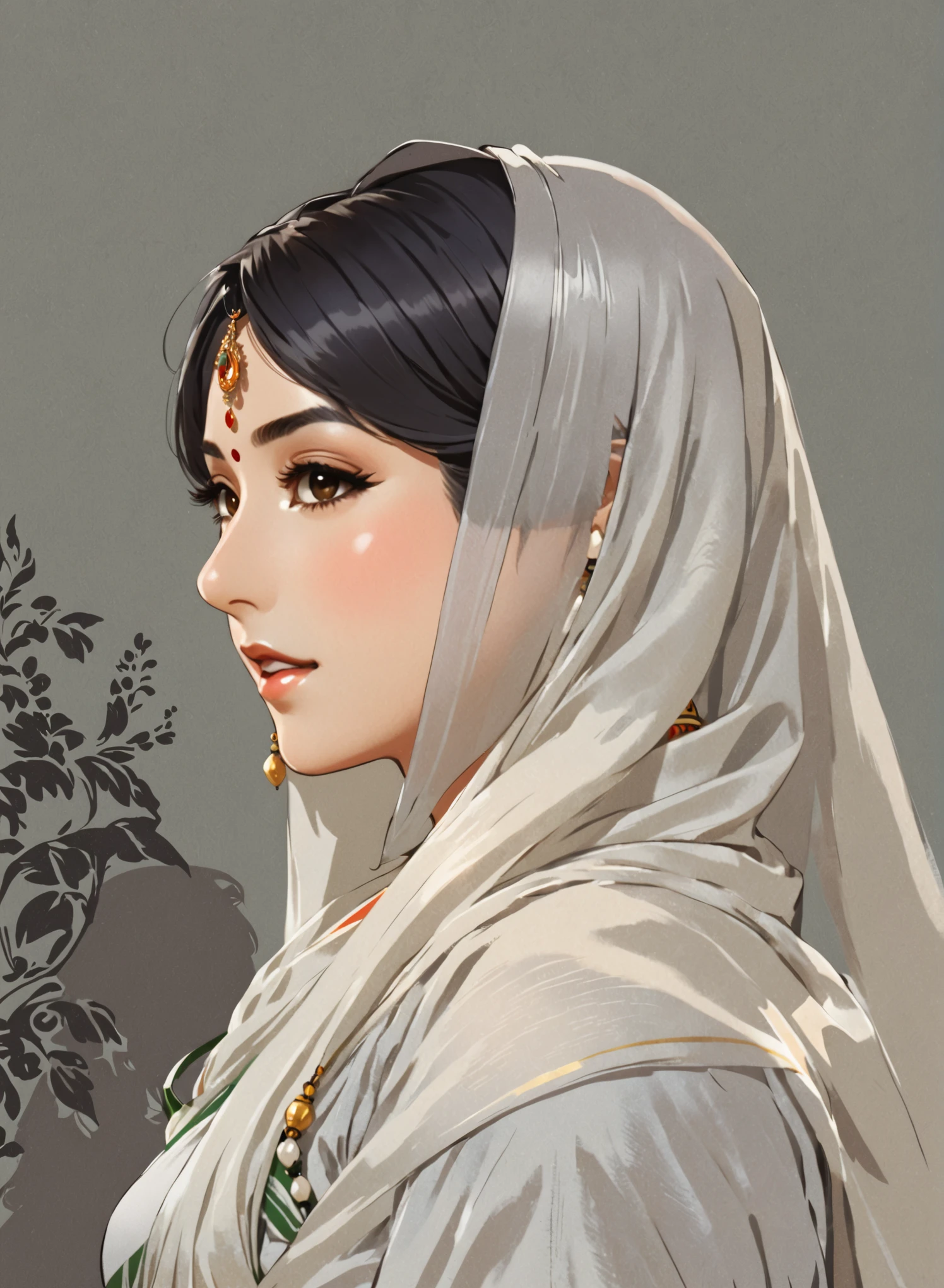 a woman in a sari posing for a picture, captivating and enticing, looking regal and classic, pixiv, conceptual art, official character illustration, kantai collection style, character reference sheet, character design, girl, , [ character design ], lolish, official illustration