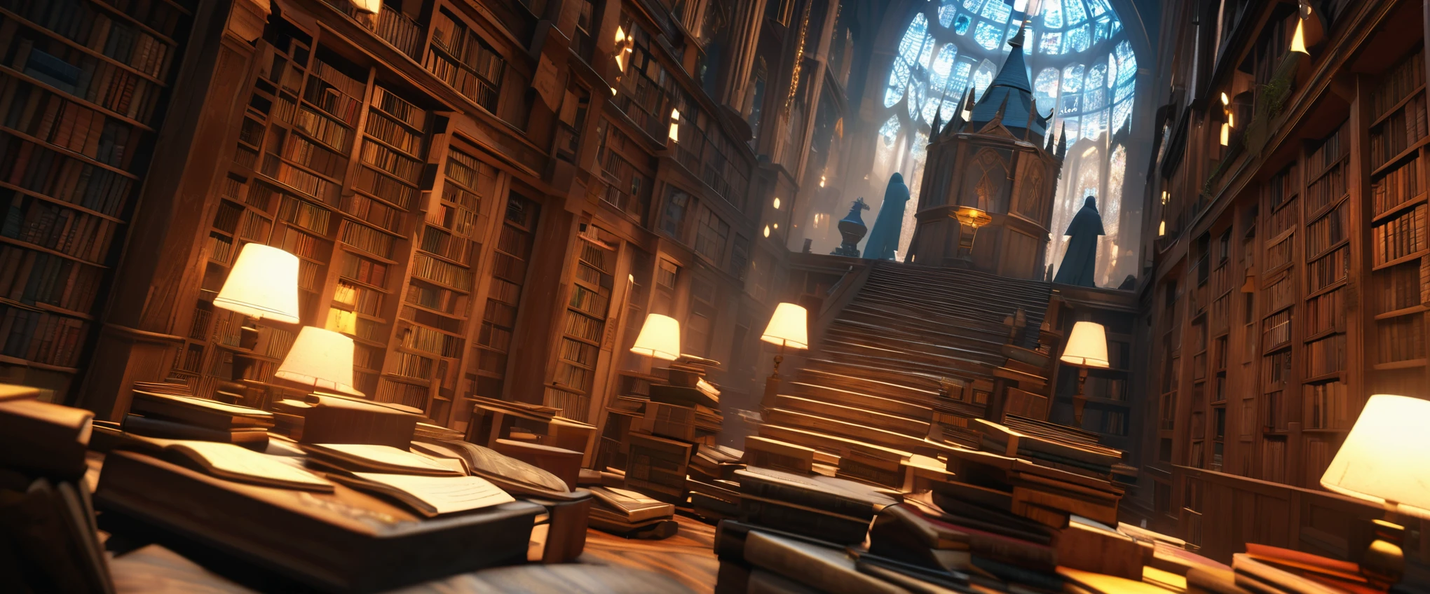 A library photographed with an ultra-wide-angle lens. A library filled with a majestic atmosphere of knowledge. High linear bookshelves, ``Harry Potter'' where witches eager to study democratize the practice of magic, fantastic milky white spells swirling in the air, and flickering candles create a fantastic space. The atmosphere as if the boundaries between reality and the magical world have become blurred, the tall black boots peeking out from under the flowing cloaks, and the pens and papers scattered around the table witches' concentration are reminiscent of titles such as ``Advanced.'' It is a testament to their dedication and determination to master this difficult art book. Transfiguration, The Mystical Properties, Masterpiece, Masterpiece, 32k, 3D, Artwork, Tradition and Mysticism, Library with School of Wizardry, Perfect Composition, Photography with Wide Angle Lens, Photorealistic, Fantasy, Rich Colors, Complex details, beautiful light and shadows, zentangle elements, dim background, a wizard with an oil lamp is looking at a bookshelf