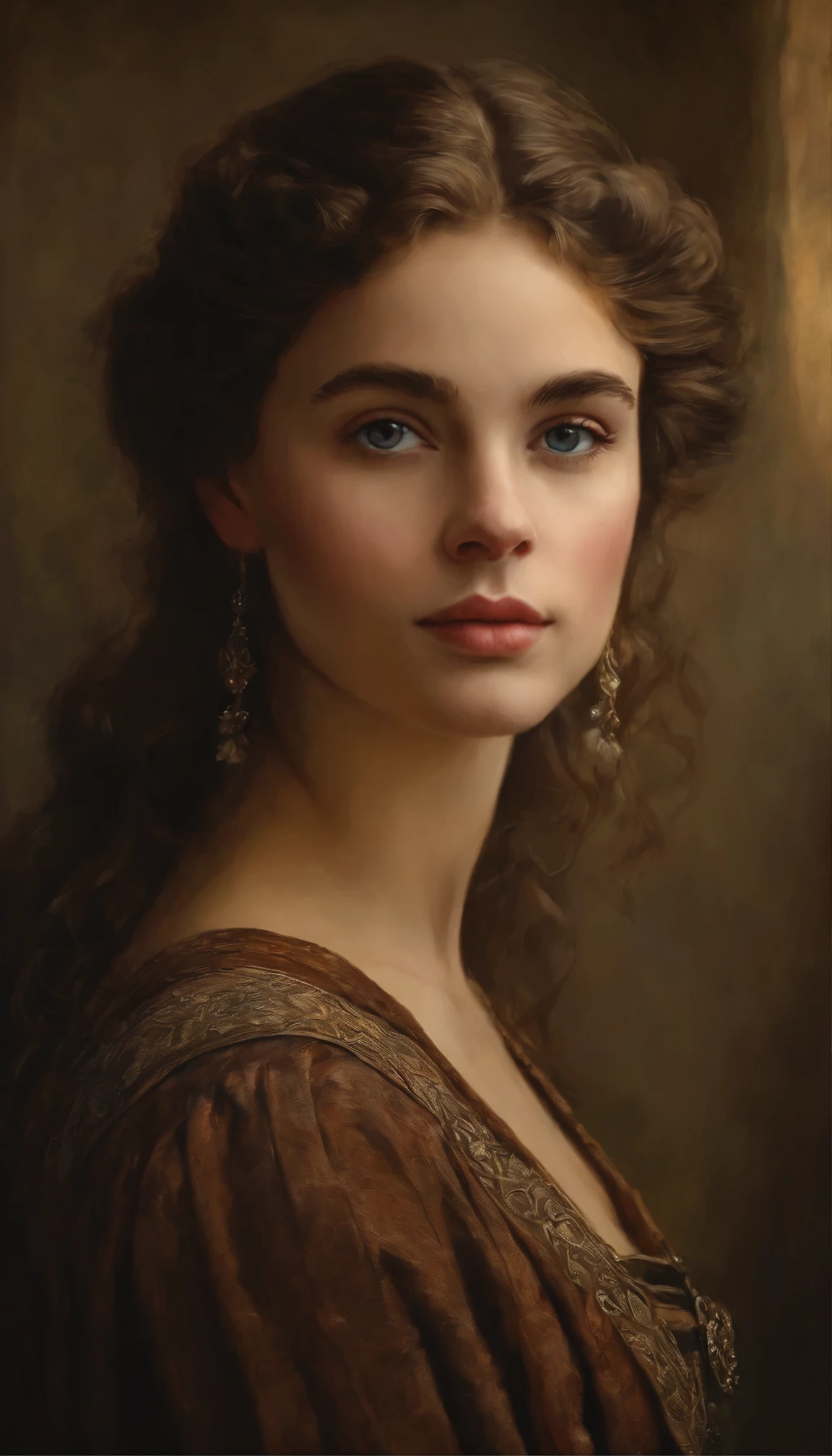 Medieval European painting、Women of the Belle Époque、1 girl、Beautiful teenage girl、very 、short wavy brown hair、portrait、oil、Modern and realistic proportions、Intricate and intricate details、sharp focus