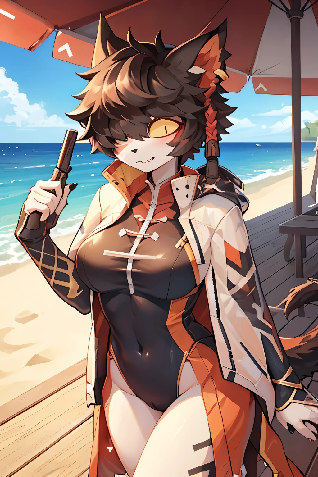 ((best quality, masterpiece, perfect anatomy, detailed picture)), furry, 1female, Aak, (Arknights), sexy body, breasts, black sclera, cat tail, one-piece swimsuit, red blushing, shy, in the beach,