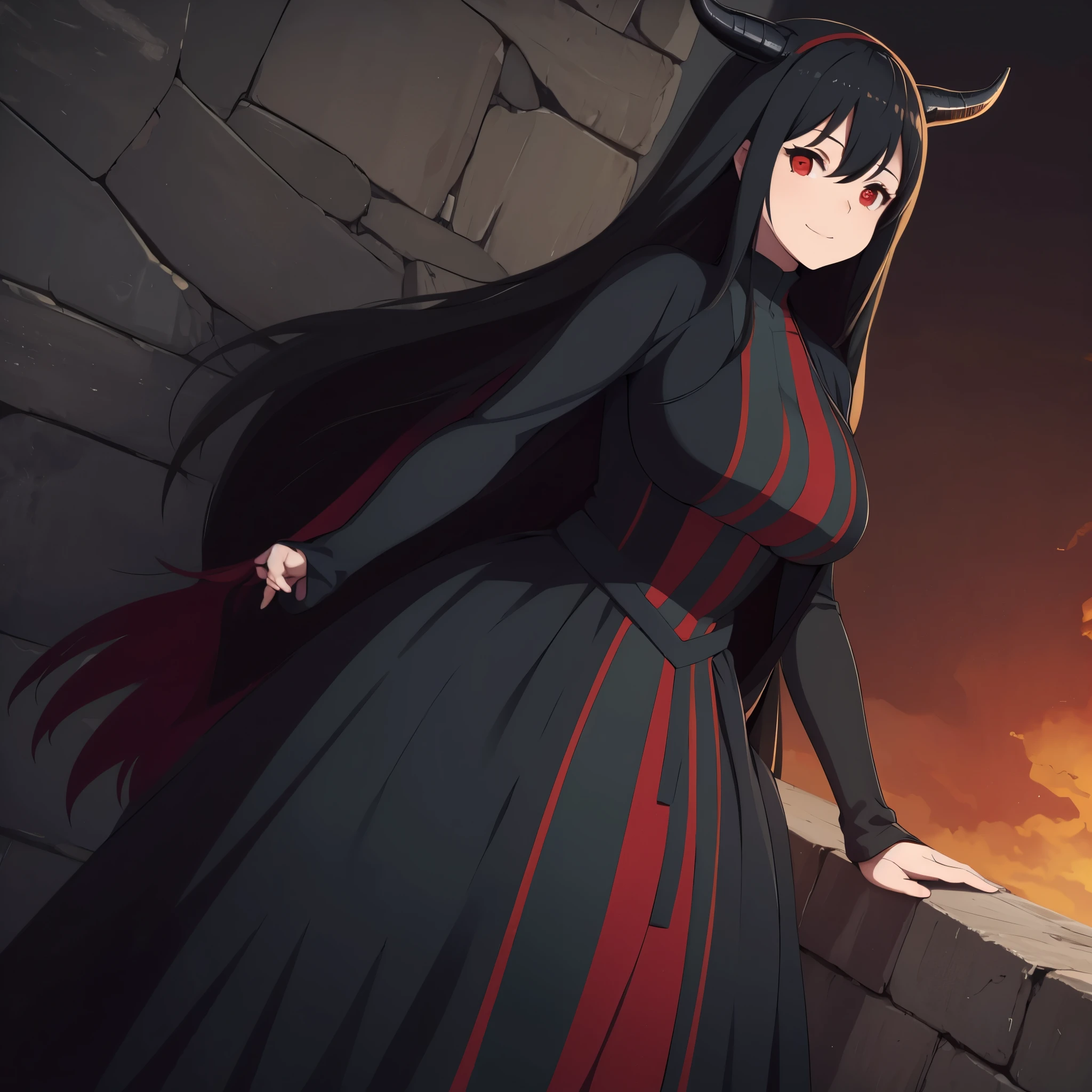 A woman with long black hair, red eyes, wearing horns, wearing a black dress with red details, surrounding a large black castle, yellow sky, smiling, ultra definition, very detailed, masterpiece, 4k hd 16:9