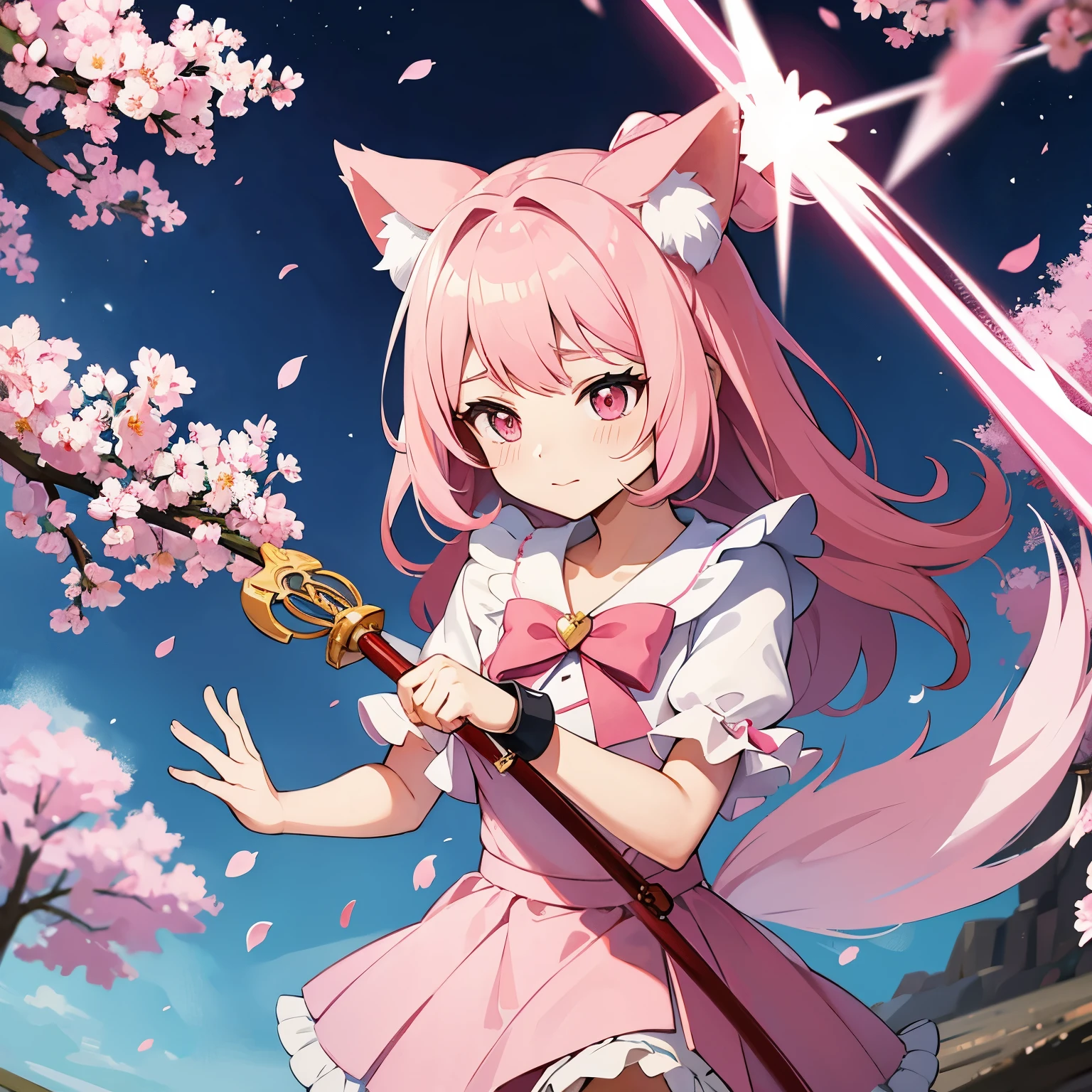 Pink wolf magical girl with cherryblossom powers and a magical weapon