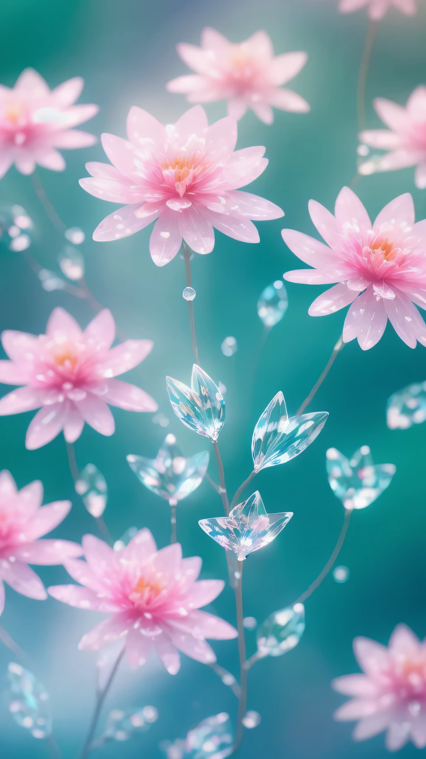 Crystal spring flower，Pink white gradient，water drop，Fantastical, galaxies, Transparent gradient，water drop，Light blue leaves，Sparkle, Sparkle, brilliance, Water，colorful, Magical photography of light blue leaves, dramatic illumination, Photo realism, Ultra detailed, 4k, depthoffield, high resolusion