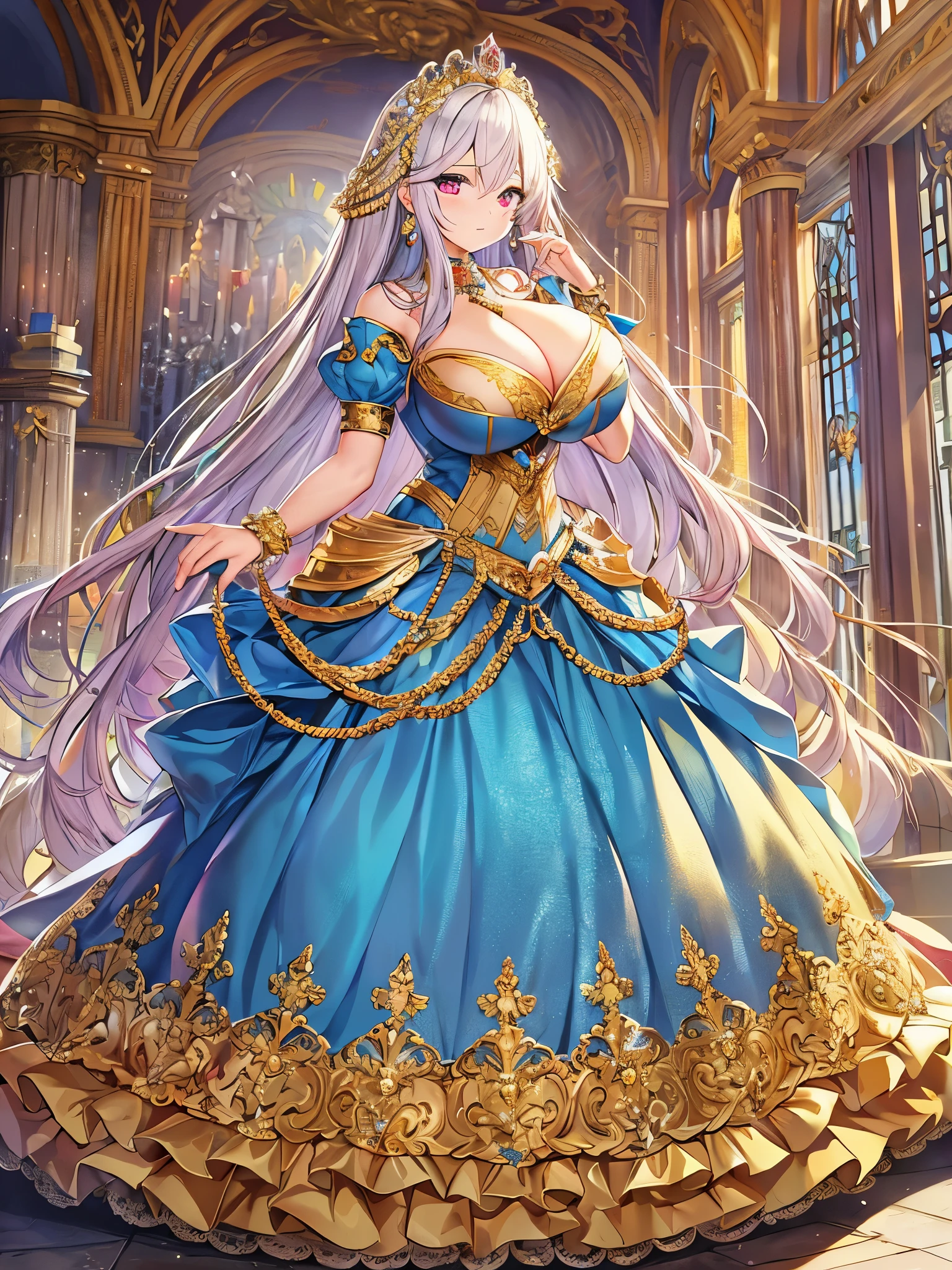 ((anime artstyle)),(Masterpiece),(Best Quality), (Super Detail),((Very Delicate and Beautiful)),Solo,full body,((full body portrait)),((1 gorgeous bling-bling princess in beautiful embroidery and jeweled gorgeous rococo ballgown with voluminous full length hoop skirt)),detailed face and eyes,jewel-like eyes,((((absurdly gigantic tits)))),(((cleavage,curvy))),Skindentation,((castle,outdoor)),((crinoline,long train)),gorgeous princess rococo ballgown with voluminous full length hoop skirt and long train,(((bling-bling gorgeous rococo ballgown with beautiful embroidery and jeweled))),((large amount of straight hair, absurdly long hair,Very Long Straight Hair)),extremely gorgeousfull hair ornament,(bling-bling extremely gorgeousfull jeweled tiara),luxurious jewelry,full body,((bling-bling beautiful embroidery and jeweled gorgeous rococo ballgown with voluminous full length hoop skirt))