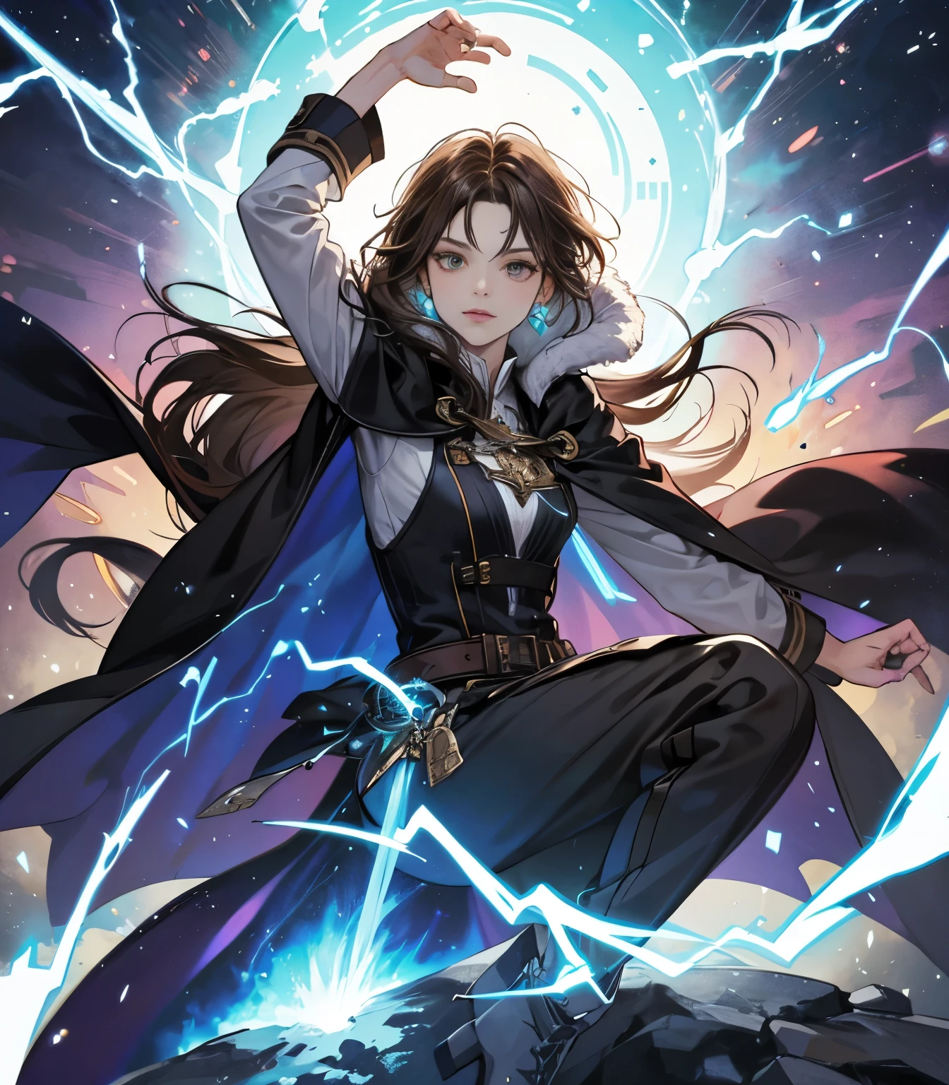 female wizard conjuring a magical lightning attack against the enemy, electric sparks hovering around her, female character, brown hair, wearing an animal skin coat, pompous cape, black cape, cold colors, green crystal earrings, a powerful wizard , calm countenance, brownish long pants, Eskimo boots, exploding energy everywhere, perfect hand, super detailed, eyes as black as onyx