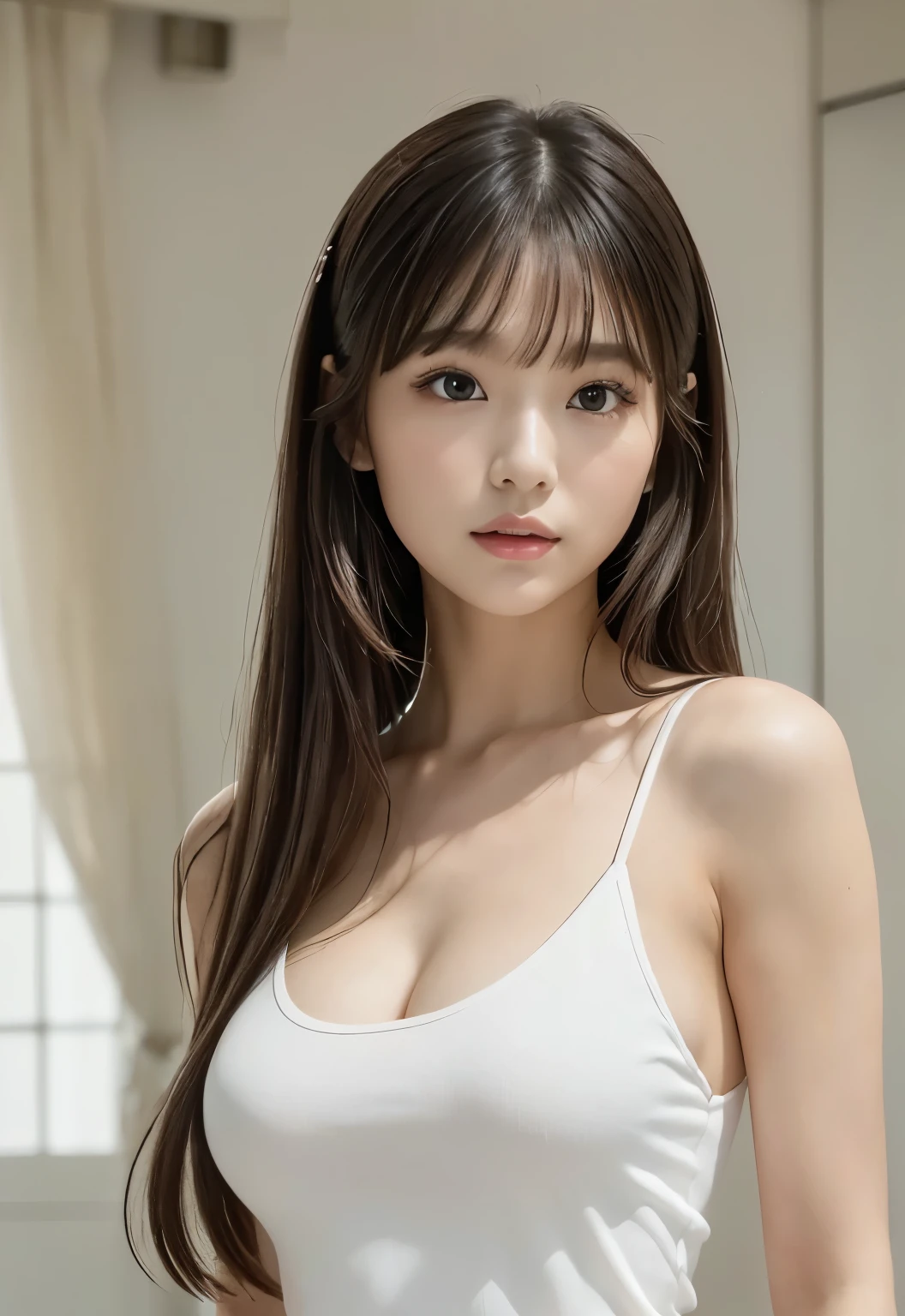 (((white room:1.3, indoor, Photographed from the front))), ((long hair:1.3, ta, japanese woman, cute)), (clean, natural makeup), (highest quality, masterpiece:1.3, 超High resolution), (Super detailed, caustics), (realistic:1.4, RAW shooting), very detailed, High resolution, 16K resolution