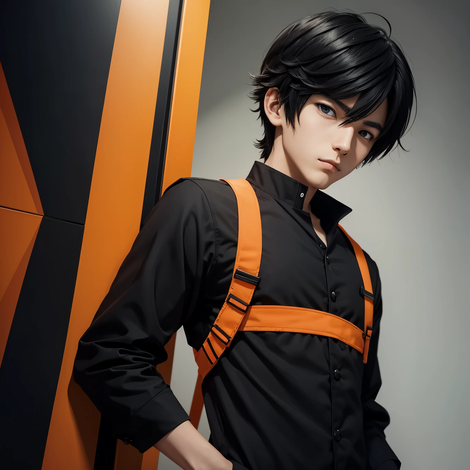 Anime boy protagonist with plain black uniform and orange collar with a detailed logo named Lozíēn