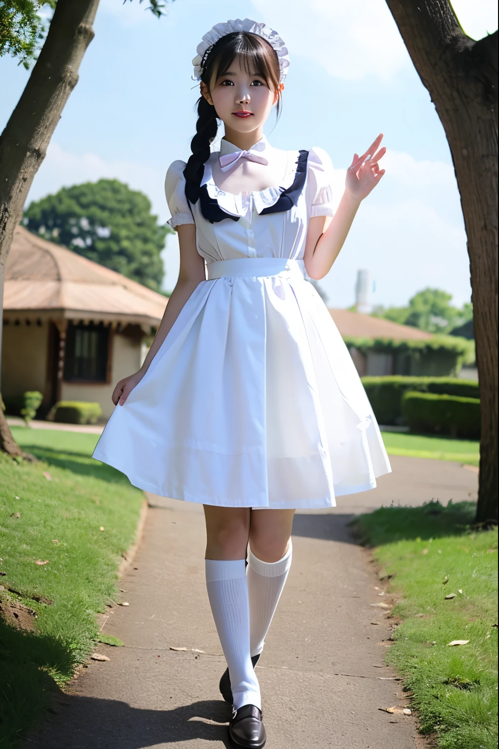 ((flower style)), (advntr), (1girl), (((solo))), (realistic:1.5), light particles, light rays, victorian, (best illustration), photorealistic, octane render, 8k, neon light, flying cars, detailed face, detailed eyes, ((maid)), maid headband, long braid, very long hair, blonde hair, blue eyes, (sharp eyeliner, eyeshadow, detailed eyes:1.1), (Ulzzang-6500), model pose, (standing), (outdoors), noon time, public area, indoors, (green house in the background), BREAK G36
