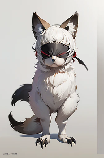 (((Animals,white monster, An illustration, ))), (blindfold, Sad face, fox head, wolf carcass, owl back wing, tail snake, four legs), Standing picture