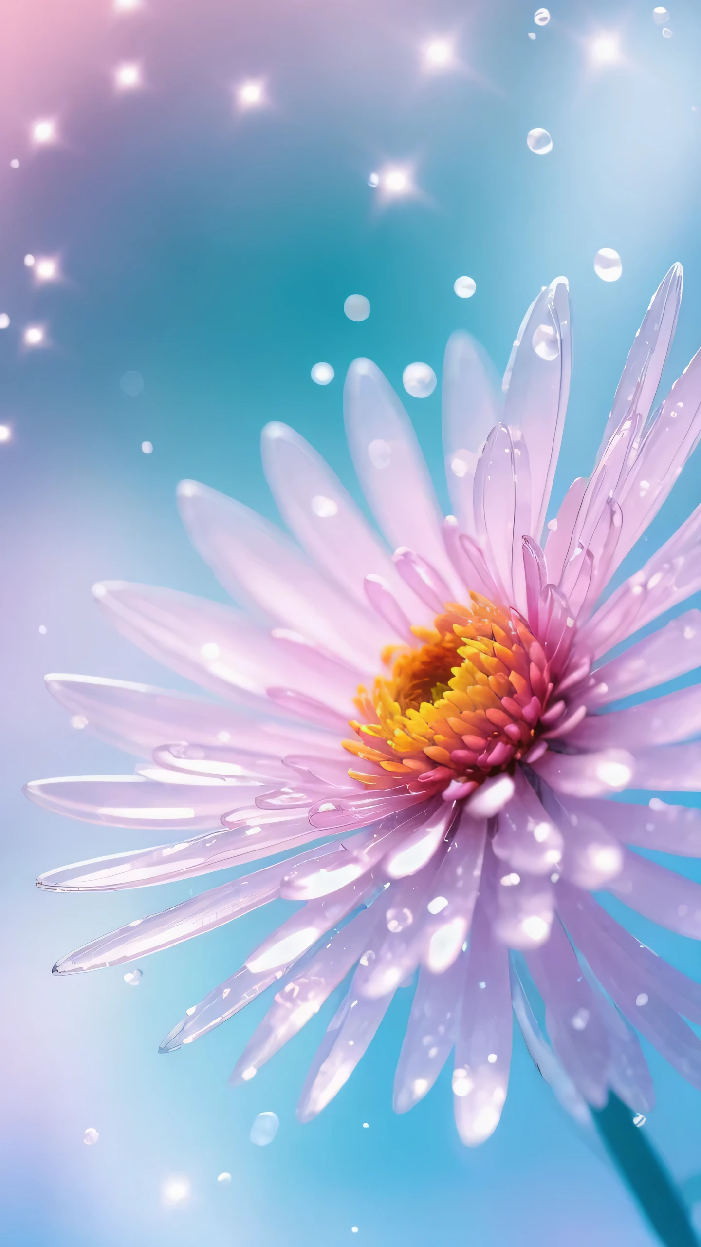 Crystal spring flower,Pink white gradient,water drop,Fantastical, galaxies, Transparent,, Pink white gradient,water drop,Light blue leaves,Sparkle, Sparkle, brilliance, Water,colorful,, Magical photography of light blue leaves, dramatic illumination, Photo realism, Ultra detailed, 4k, depthoffield, high resolusion