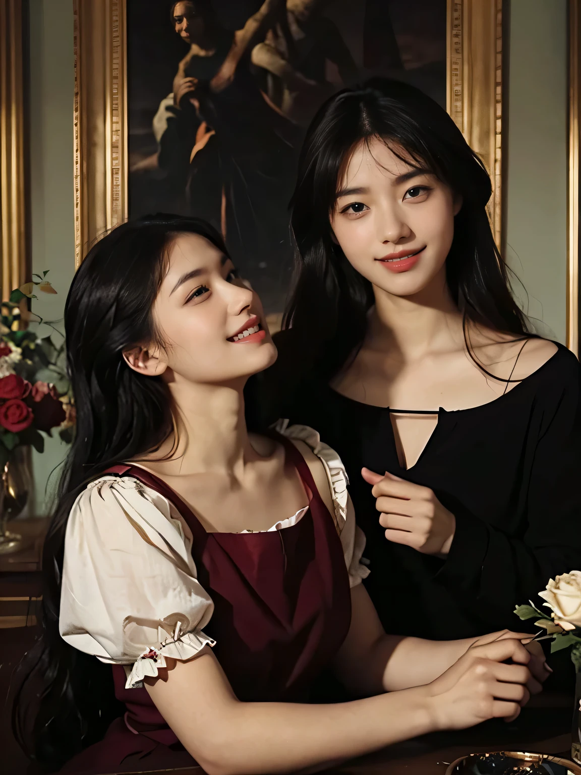 Giorgione painting style,Arguments of two female Philosophe,math、astronomical machine、astronaut、roses in vase、fruits、Cute trinkets、smile、ancient greek costume、Ancient Roman landscape in the style of Nicolas Poussin,laughter,,Sweet and seductive appearance.、Caravaggio's paintings、Chiaroscuro of Caravaggio、hair tousled by the wind,Two women frolicking,cute smile, expression of ecstasy,Sexy,erotic