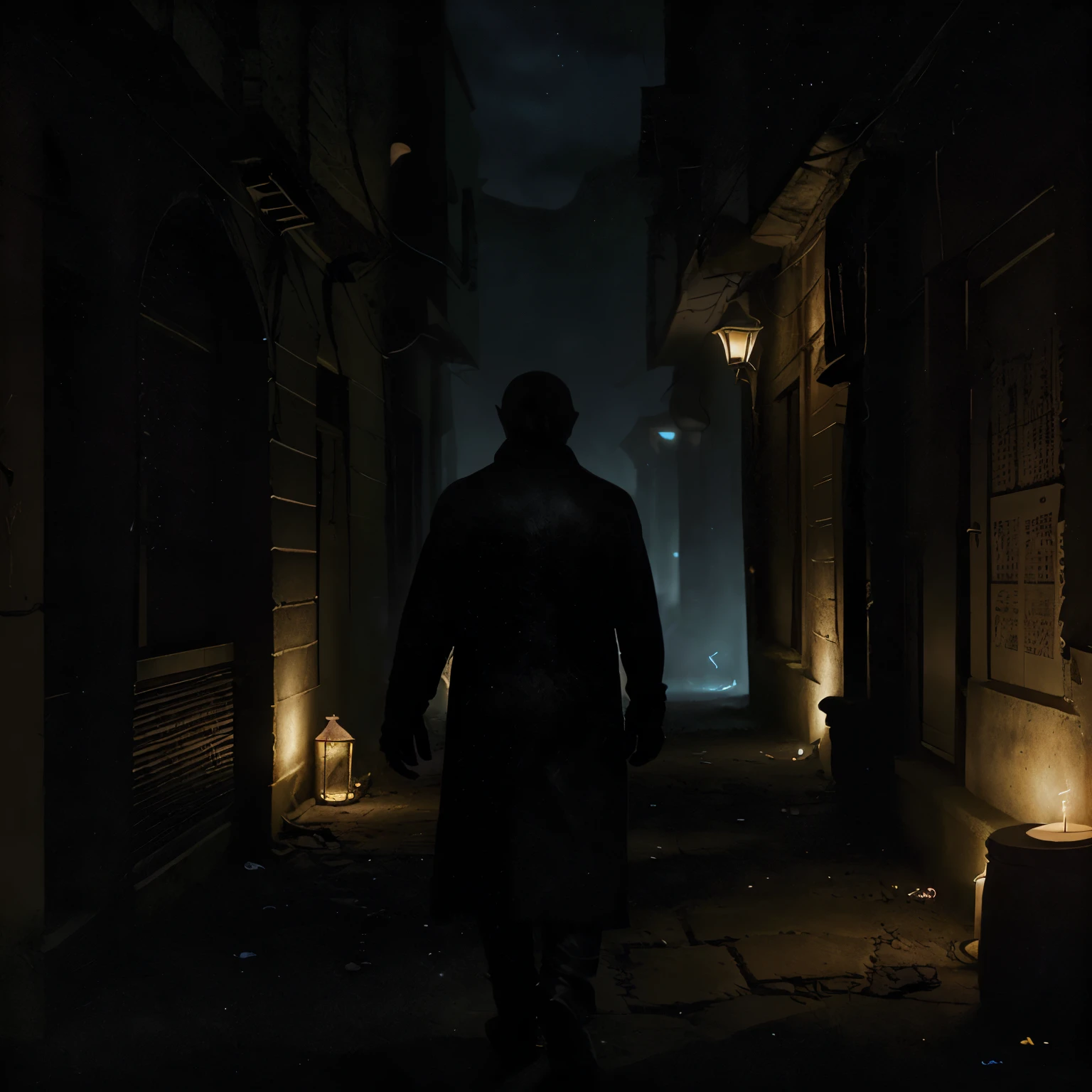 Made a picture based on this : In the shadowed alleys of an ancient city, there lived a man whose life was as dark as the nights that enveloped him. He was a solitary figure, haunted by memories and regrets, until fate led him to cross paths with a woman whose light seemed to pierce through his darkness.