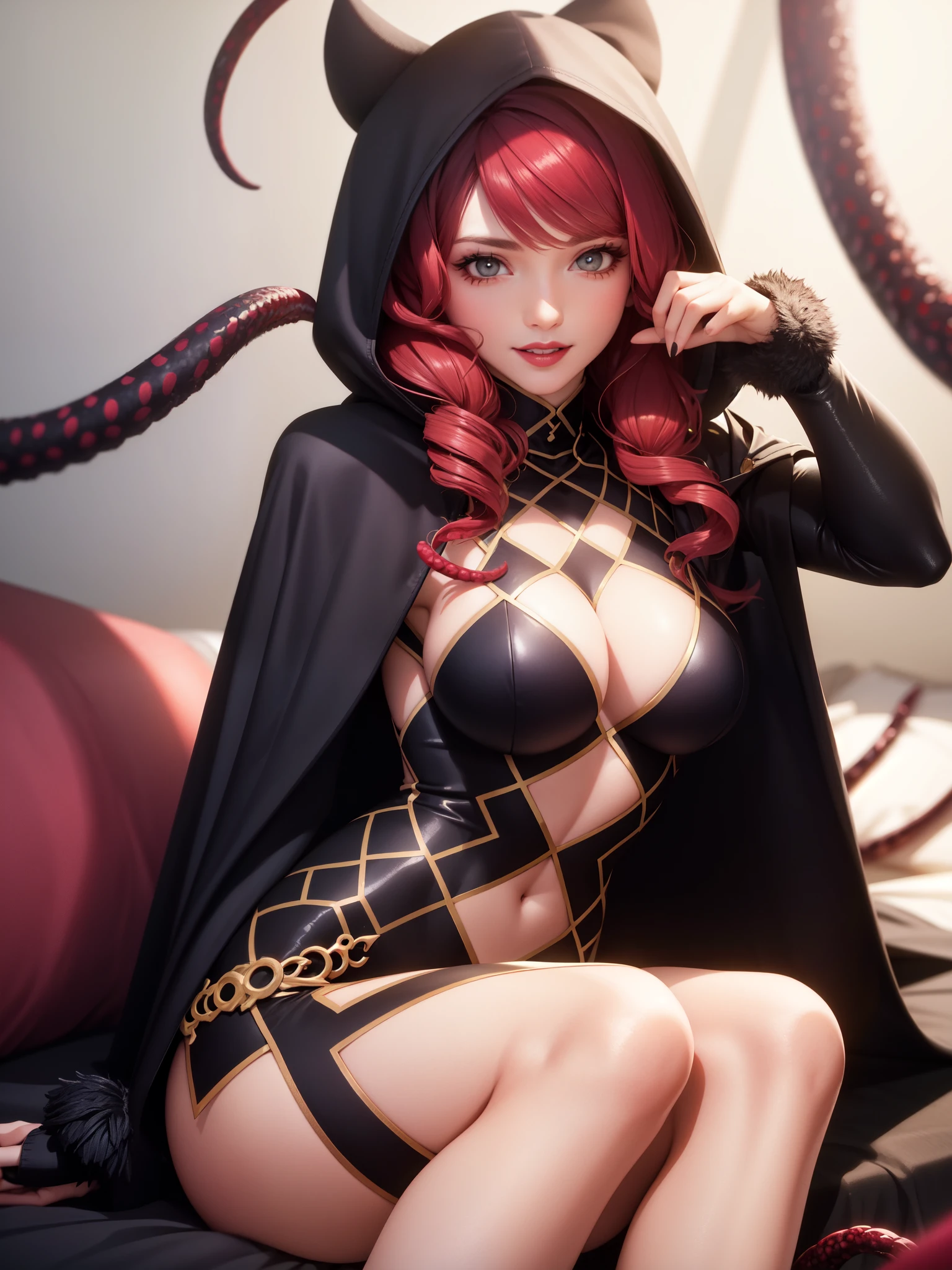 perfect eyes:1.2, detailed eyes:1.4, realistic:1.4, red hair, hair over shoulder, robe, cape, fringe, tentacles, argyle, checkered, clothing cutout, thighhighs, makeup, lipstick, hood up, cleavage, sitting, 1girl, solo, (masterpiece:1.6, best quality),