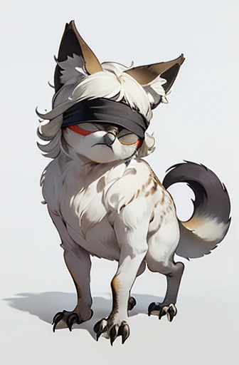(((Animals,white monster, An illustration, ))), (blindfold, Sad face, fox head, wolf carcass, owl back wing, tail snake, four legs), Standing picture