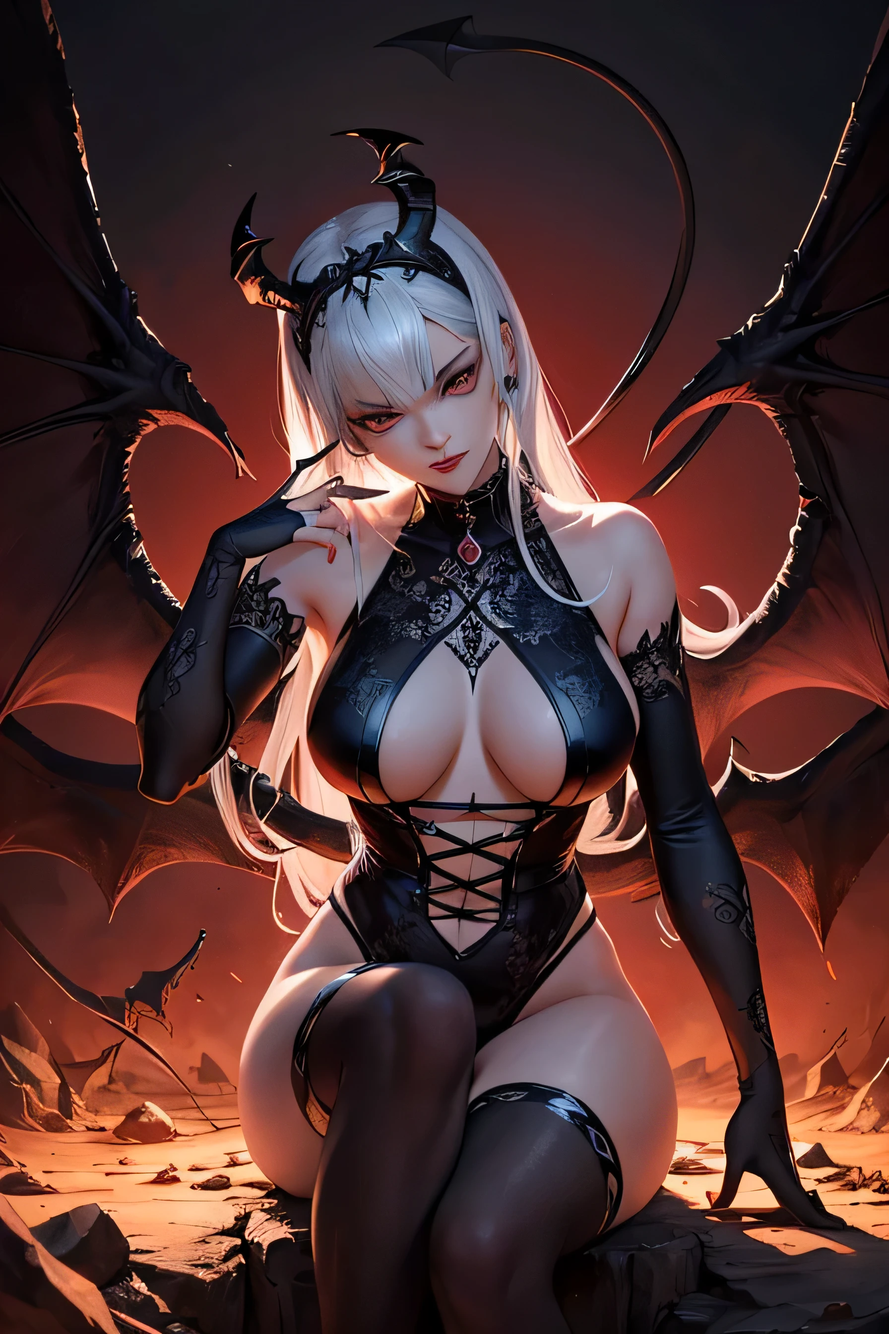 ultra detailed Rihanna as Satan sur le Trone de l'enfer, diablesse, Robe sexy noire et rouge, demon wings, Demon horn, Realistic detailed eyes, Context of the chaos of hell and destruction, Evil queen, looking straight at camera, souriant avec satisfaction, longs ongles noirs, Shaded illustration of a high-quality cell in hell, corps entier, pose dynamique, anatomie parfaite, centered, , soul, Approche de la perfection, Ombrage de cellule, 8k , Cinematic dramatic atmosphere, Water color painting, Illumination globale, detailed and intricate environment, ArtStation, Art conceptuel, mise au point fluide et nette, volumeric lighting, lighting cinematic