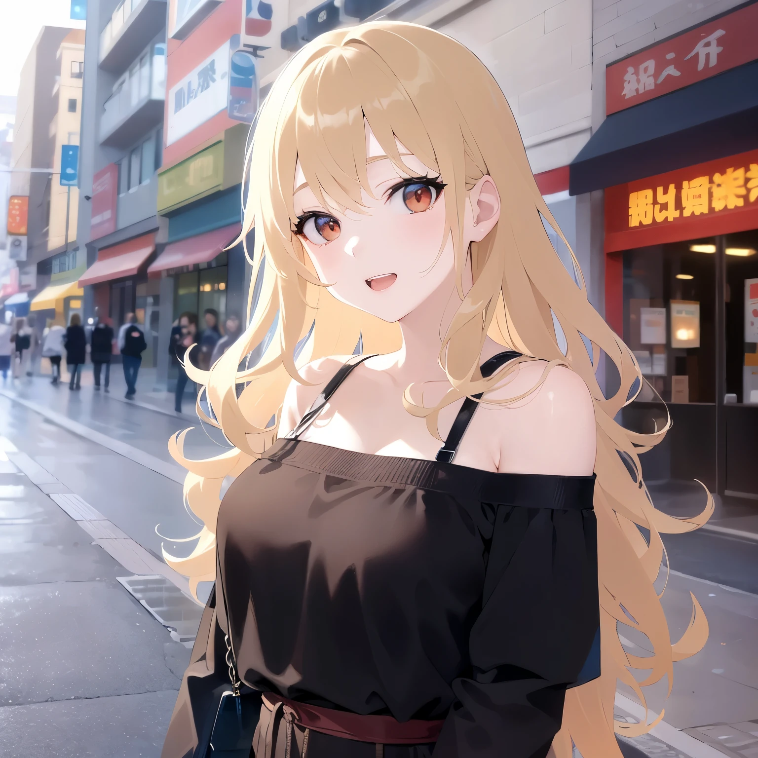 side amgle, Upper Body, Realistic, real person, (pale skin: 1.2), RAW photo, photorealistic, portrait photography, shiny skin, japanese idol、shiny hair、(25 year old woman with medium hair with blonde bangs) and (wavy hair) and (orange eyes) , (sad:1.2) and smile, open mouth, black off shoulder blouse、The background is a shopping street、Alone、Are standing、