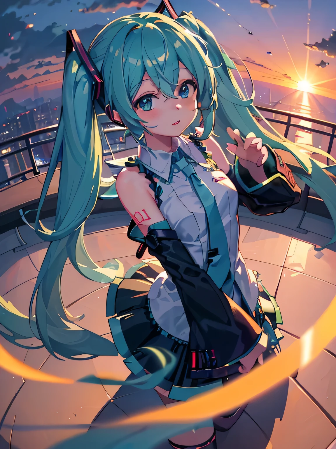 ((masterpiece))((software))
(Highest_quality)
(Fisheye) (from_そof上)
(blurry_background) (depth_of_field)
(caustics)
(outdoor) (rooftop) (sunset) (Backlight) (sunlight)
(Hatsune Miku) (twin tails)
(Broke up_lips)