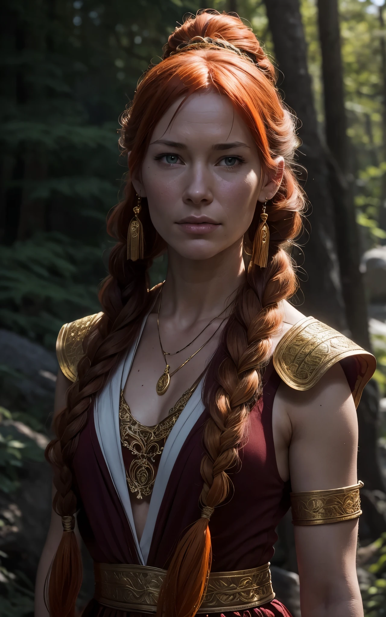 Flamme, (young Lena Headey:Evangeline Lilly), A 35-year-old woman with orange hair, green eyes, sideburns, one large braid, a gold necklace with a ruby pendant, dressed in a white Greek tunic and Roman sandals, with gold bracelets on her arms, forest in the background, masterpiece, hyperdetailed,((1girl)) ,bangs,braided ponytail,single braid,orange hair,very long hair,sidelocks,red earrings,hair over one eye,