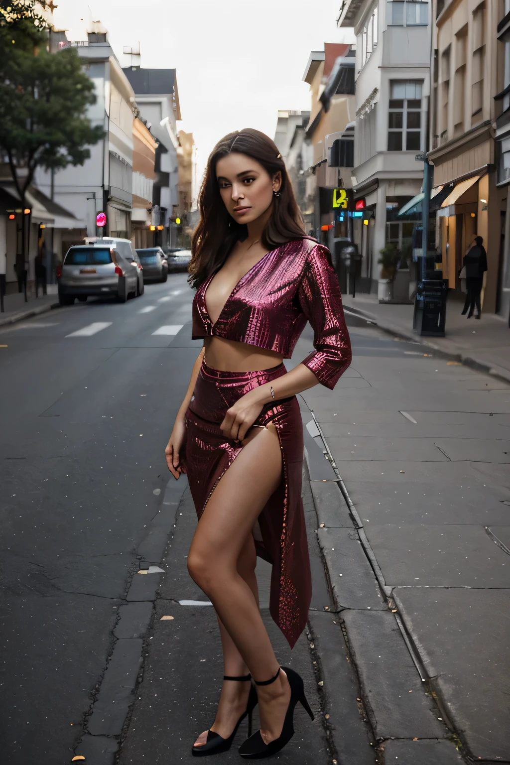 young woman, wear fancy dressy clothes for parties, posing on a city street