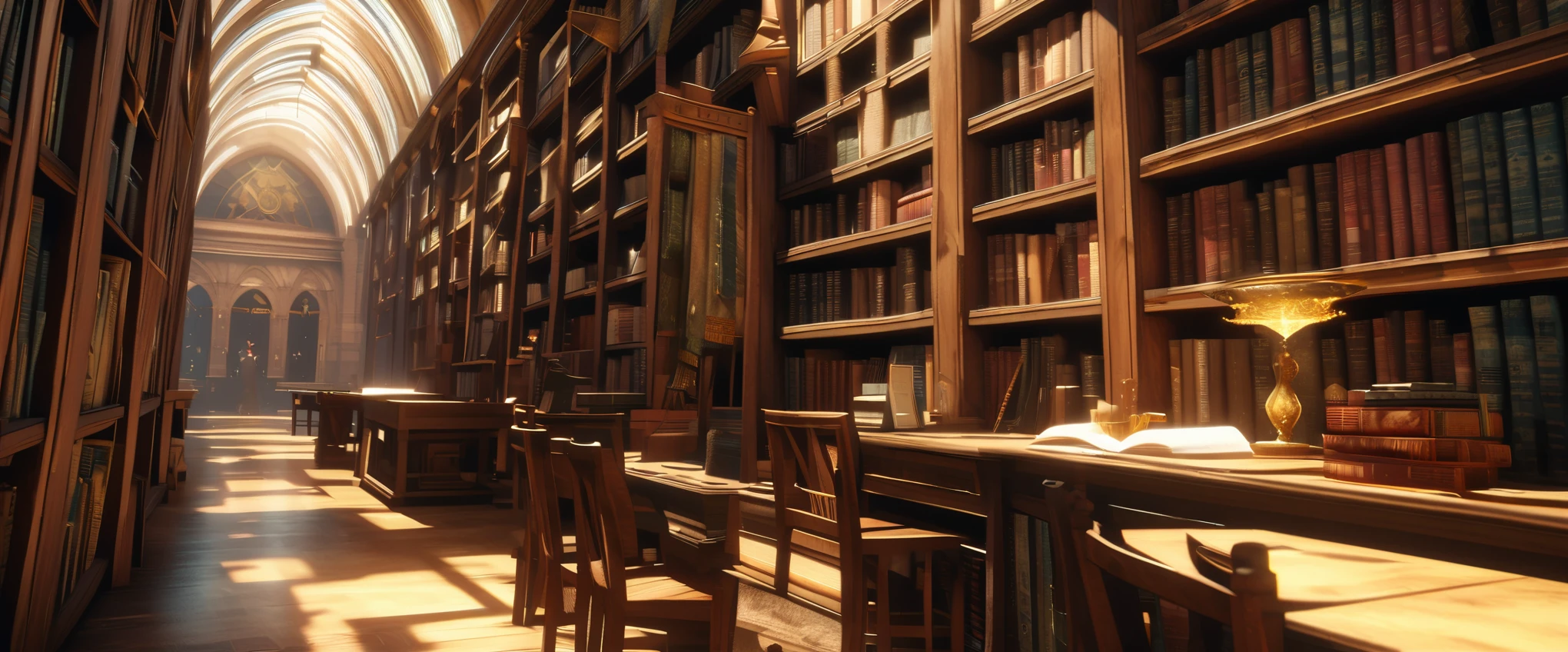 A library photographed with an ultra-wide-angle lens. A library filled with a majestic atmosphere of knowledge. High linear bookshelves, ``Harry Potter'' where witches eager to study democratize the practice of magic, fantastic milky white spells swirling in the air, and flickering candles create a fantastic space. The atmosphere as if the boundaries between reality and the magical world have become blurred, the tall black boots peeking out from under the flowing cloaks, and the pens and papers scattered around the table witches' concentration are reminiscent of titles such as ``Advanced.'' It is a testament to their dedication and determination to master this difficult art book. Transfiguration, The Mystical Properties, Masterpiece, Masterpiece, 32k, 3D, Artwork, Tradition and Mysticism, Library with School of Wizardry, Perfect Composition, Photography with Wide Angle Lens, Photorealistic, Fantasy, Rich Colors, Complex details, beautiful light and shadows, zentangle elements, dim background, a wizard with an oil lamp is looking at a bookshelf