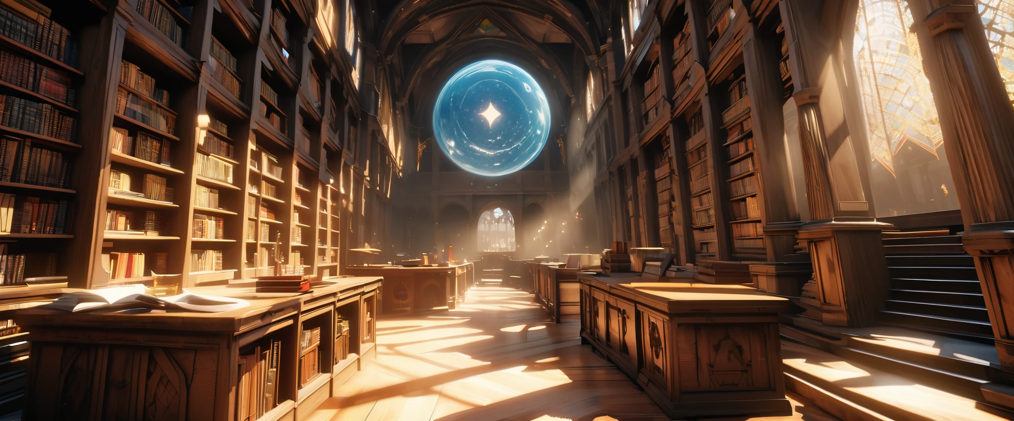 A library photographed with an ultra-wide-angle lens. A library filled with a majestic atmosphere of knowledge. High linear bookshelves, ``Harry Potter'' where witches eager to study democratize the practice of magic, fantastic milky white spells swirling in the air, and flickering candles create a fantastic space. The atmosphere as if the boundaries between reality and the magical world have become blurred, the tall black boots peeking out from under the flowing cloaks, and the pens and papers scattered around the table witches' concentration are reminiscent of titles such as ``Advanced.'' It is a testament to their dedication and determination to master this difficult art book. Transfiguration, The Mystical Properties, Masterpiece, Masterpiece, 32k, 3D, Artwork, Tradition and Mysticism, Library with School of Wizardry, Perfect Composition, Photography with Wide Angle Lens, Photorealistic, Fantasy, Rich Colors, Complex details, beautiful light and shadows, zentangle elements, dim background, a wizard with an oil lamp is looking at a bookshelf