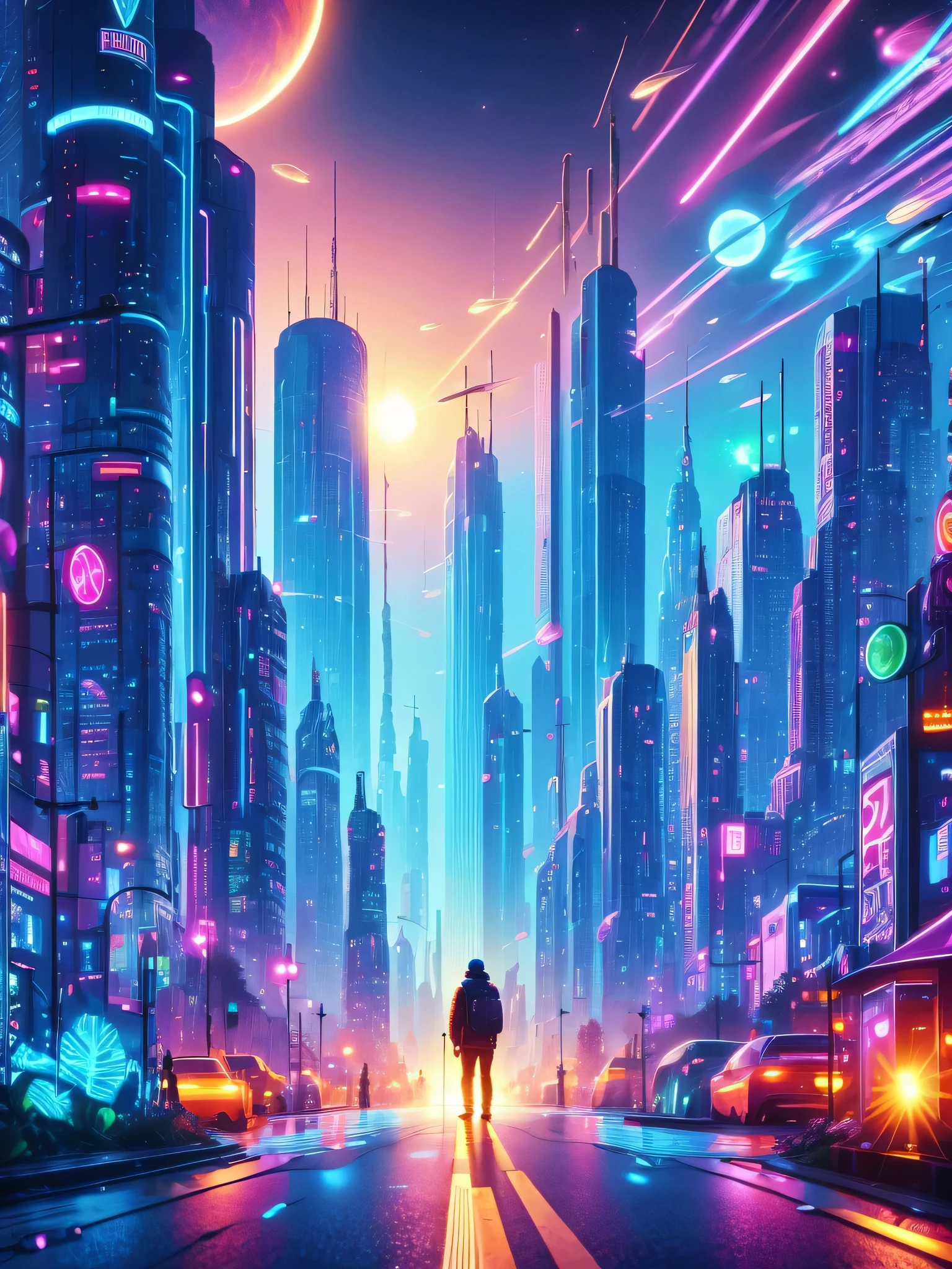 (best quality,masterpiece:1.2), futuristic city illuminated by neon lights, glowing plant, circuit board building, fluid light flow path, and colorful beams and spaceships in the sky. A person standing in the middle of the road, Looking at the huge sun in the distance, Turn your back to the screen, in movie style.