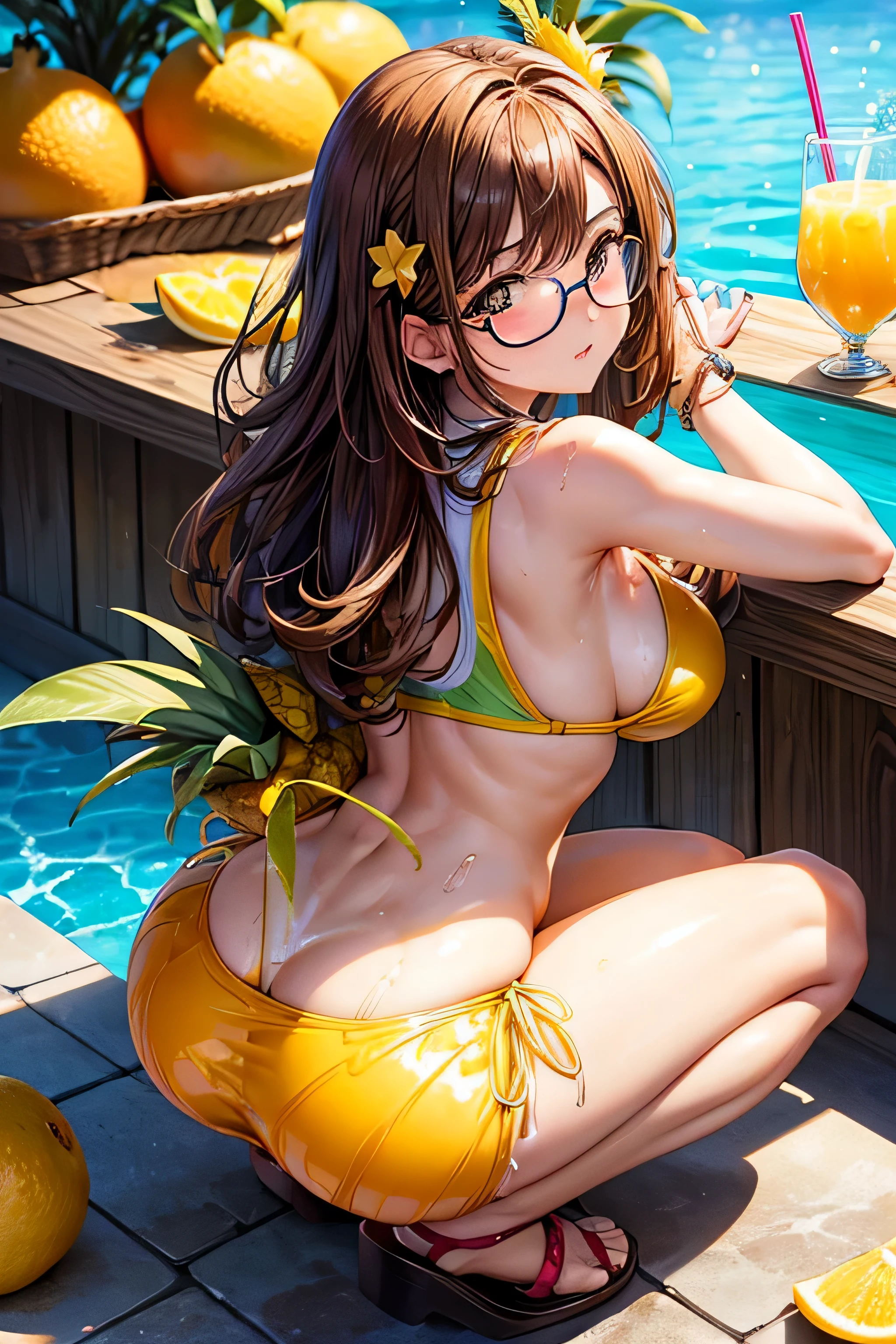 High resolution, high quality, 1 girl, anime girl, brown long hair, brown eyes,heart-shaped pupil, Green glasses, tanned skin, big breasts,beautiful breasts, (big ass),beautiful butt,白いスクールwater着,squat,(drink a lot of juice),(inflate one&#39;s stomach),(put your hand on your crotch),(lemonade),(lemon juice),(orange juice),(mango juice),(Binapple juice),(water),at the cafe,