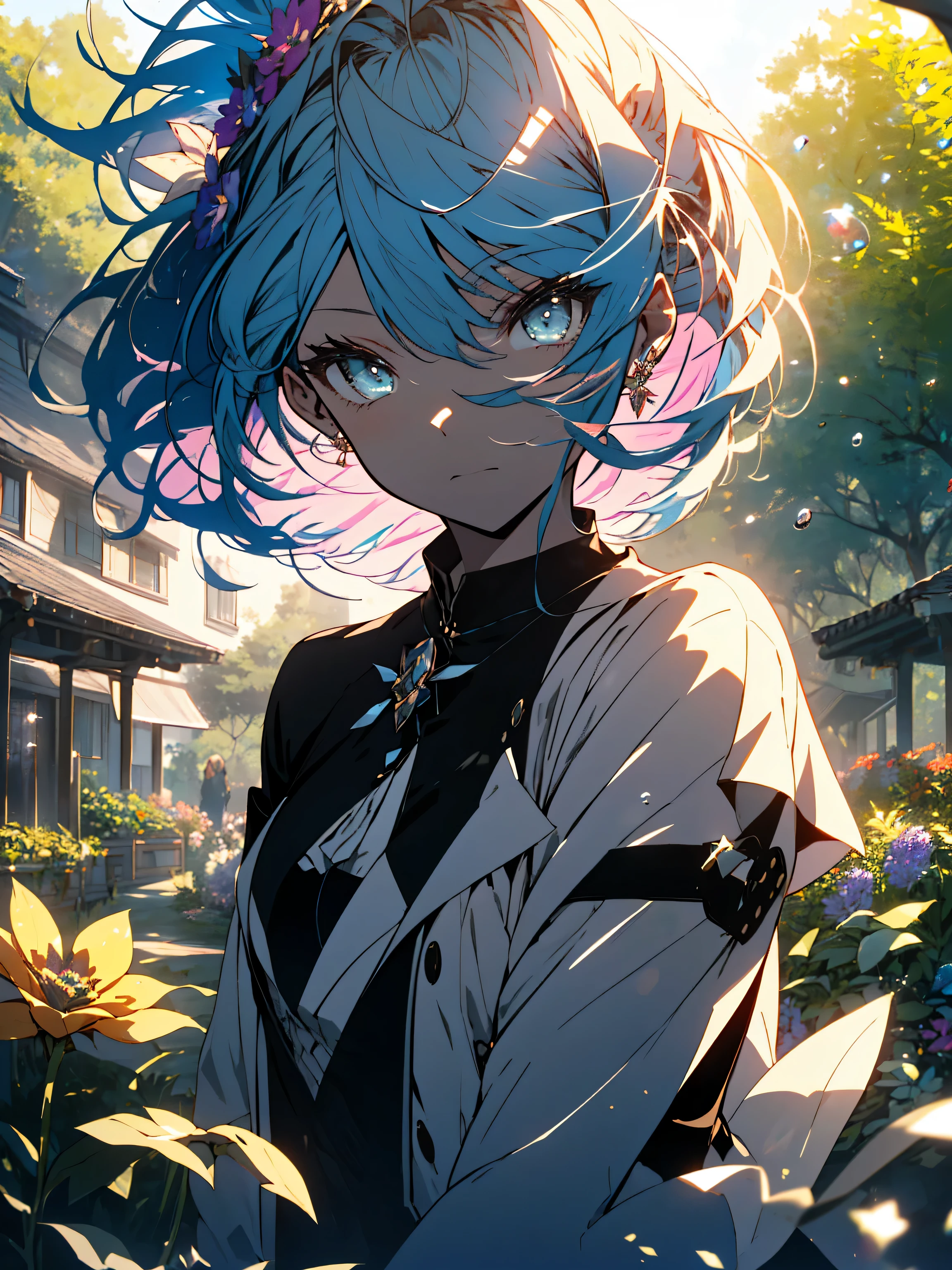 (masterpiece), (highest quality), (Super detailed),(shining eyes、detailed beautiful face),(beautiful hair),(shape), (1 girl), (fashionable clothes), Are standing, Fashion Model, looking at the viewer, (interview), (simple background),fine and beautiful eyes, delicate beautiful face, floating,(high color saturation),(colorful splashes),colorful bubble,(shining), focus on face, ponytail, light blue hair, bangs, hair ring, floating flowers, floating hair, (shining), best writing, best shadow,((Colorful flower garden))、(Sit in the shade of a tree)、(Antique Music Box)、(beautiful anime)
