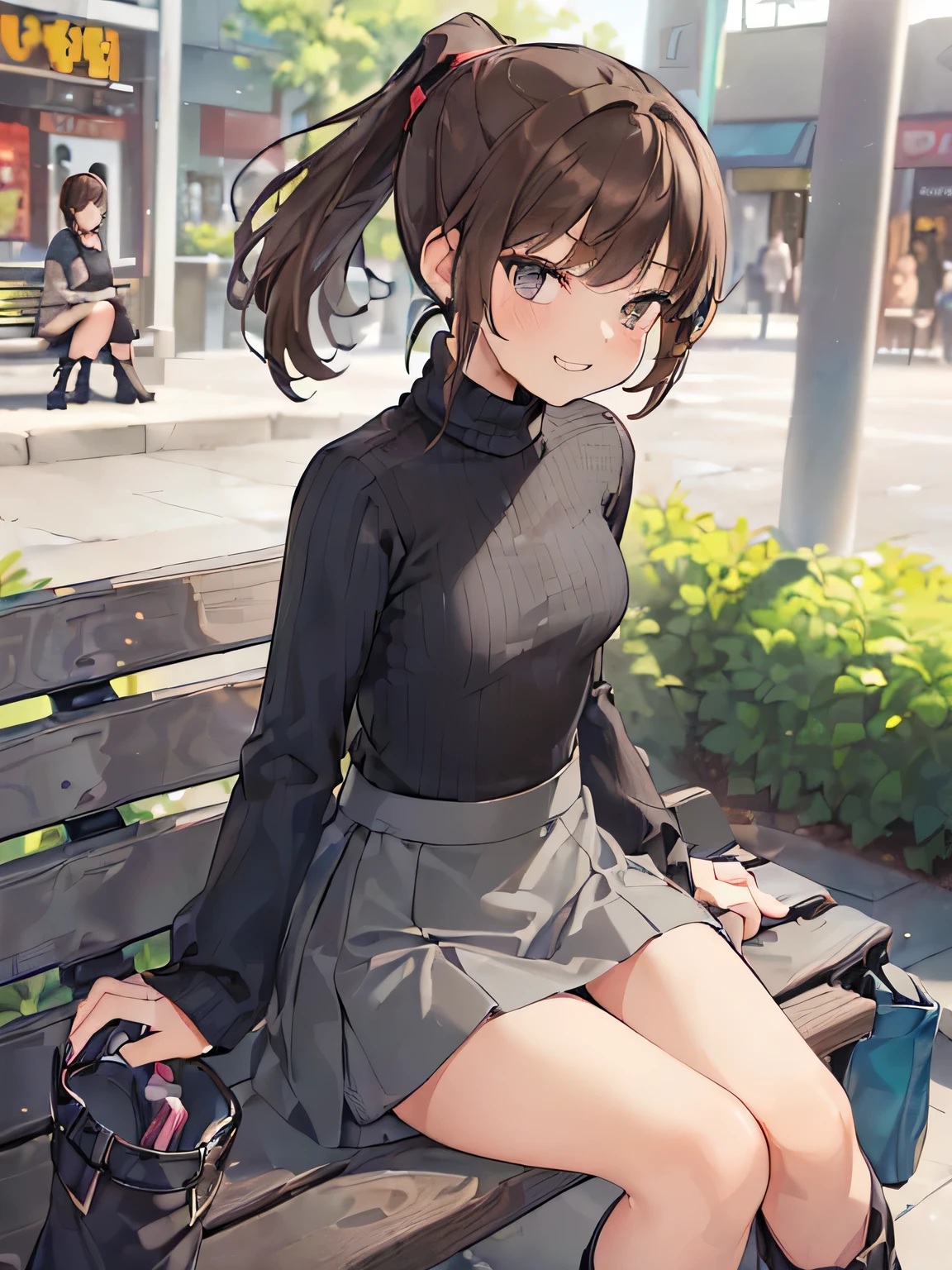 (masterpiece, highest quality, High resolution, realistic pictures, realistic skin:1.1),
(女性はShopping Mall Benchに座っている:1.8),
(she is sitting with her legs closed: 1.6),
(Please use the female panty shots facing the front.:1.8),
(grinning expression:1.5),
(I am wearing a navy long sleeve turtleneck knit.:1.8),
(she is wearing a gray flared miniskirt:1.8),
(she is wearing black clothes, middle boots:1.8),
(The pants are in bright colors:1.2),
(brown hair in a middle ponytail:1.5),
(small face:1.5),
(Location: Shopping Mall Bench:1.5),
1 Japanese girl, alone, Full-bodied Esbian, beautiful eyes, sparkling eyes, NSFW