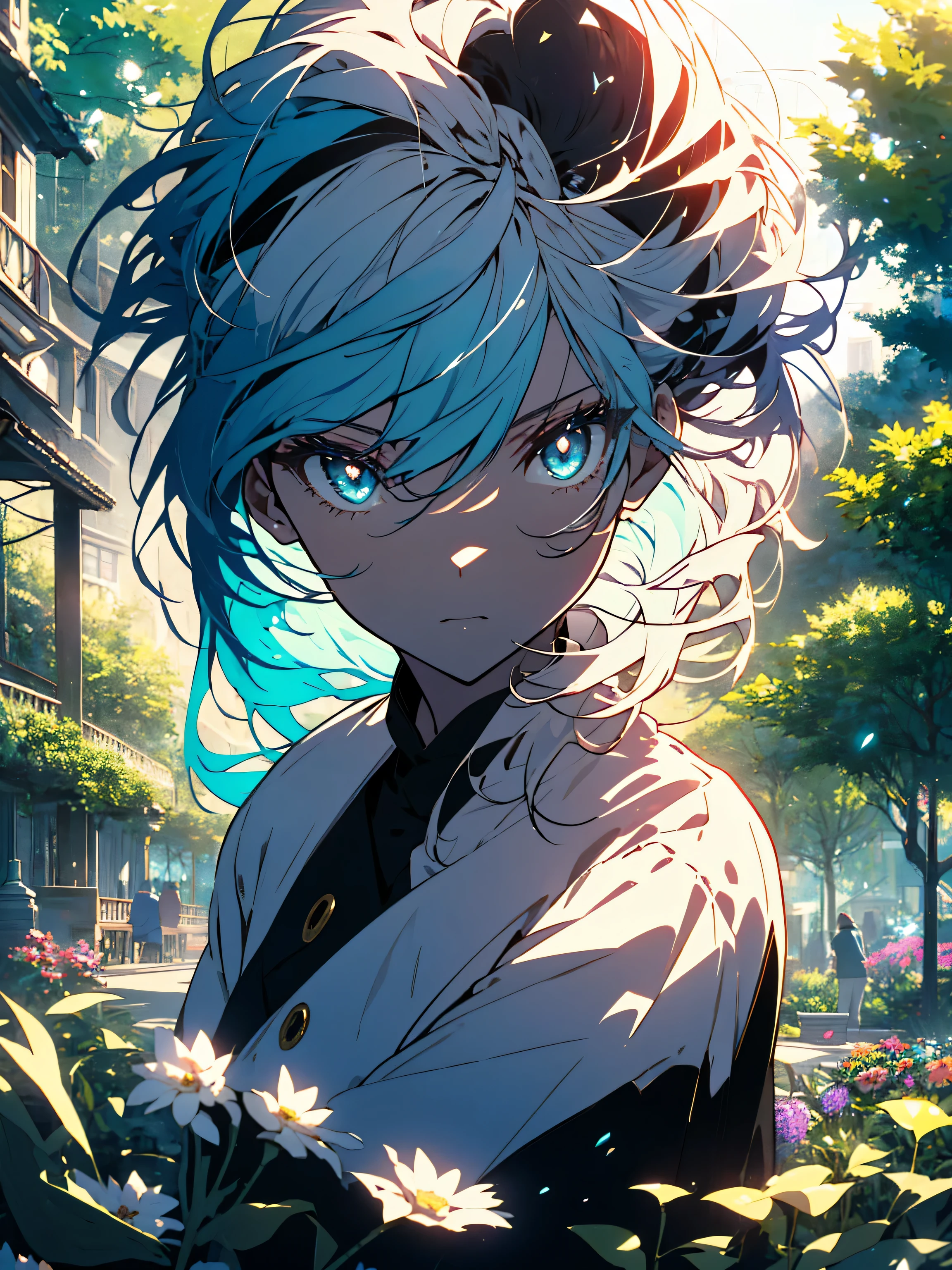 (masterpiece), (highest quality), (Super detailed),(shining eyes、detailed beautiful face),(beautiful hair),(shape), (1 girl), (fashionable clothes), Are standing, Fashion Model, looking at the viewer, (interview), (simple background),fine and beautiful eyes, delicate beautiful face, floating,(high color saturation),(colorful splashes),colorful bubble,(shining), focus on face,  ponytail, light blue hair, bangs, hair ring, floating flowers, floating hair, (shining), best writing, best shadow,((Colorful flower garden))、(Sit in the shade of a tree)、(Antique Music Box)、(beautiful anime)