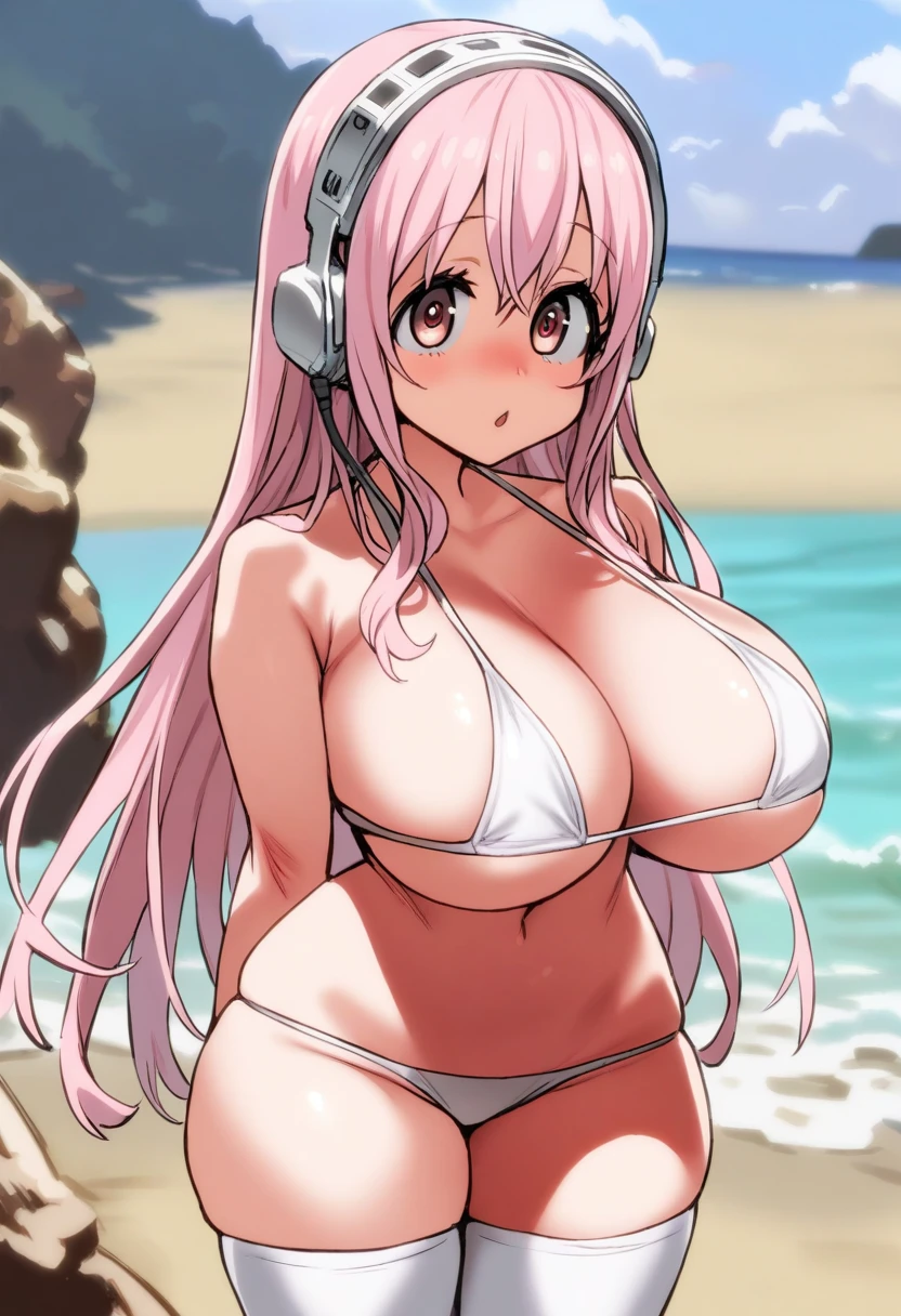 masterpiece, best quality, 1girl, solo, super sonico, white bikini, big eyes, tareme, standing, portrait, beach, big breasts, wide hips, thick thighs, white thighhighs, pink hair, pink eyes, 