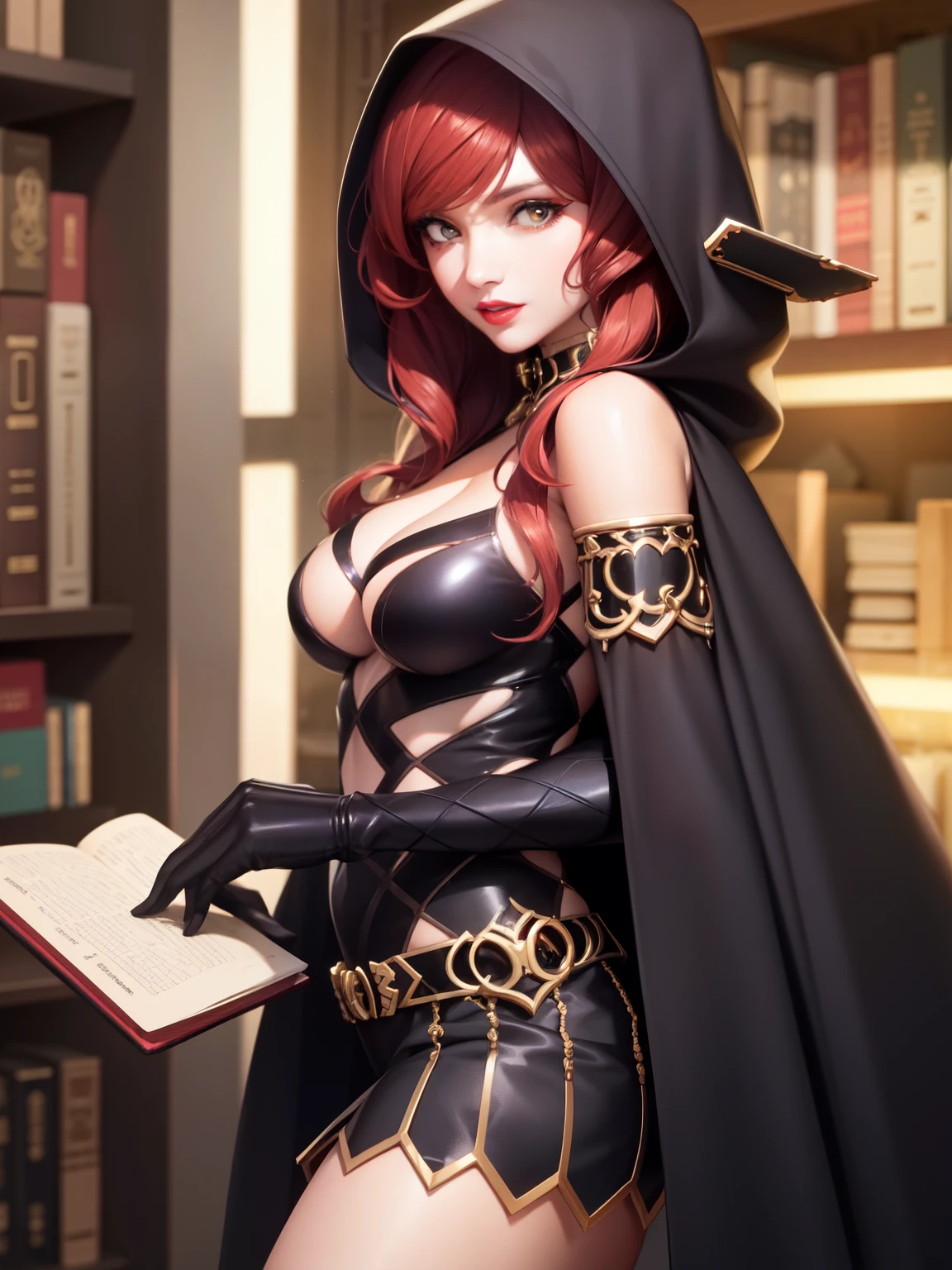 perfect eyes:1.2, detailed eyes:1.4, realistic:1.4, red hair, hair over shoulder, holding book, book, robe, cape, fringe, tentacles, argyle, checkered, clothing cutout, thighhighs, makeup, lipstick, hood up, cleavage, 1girl, solo, (masterpiece:1.6, best quality),