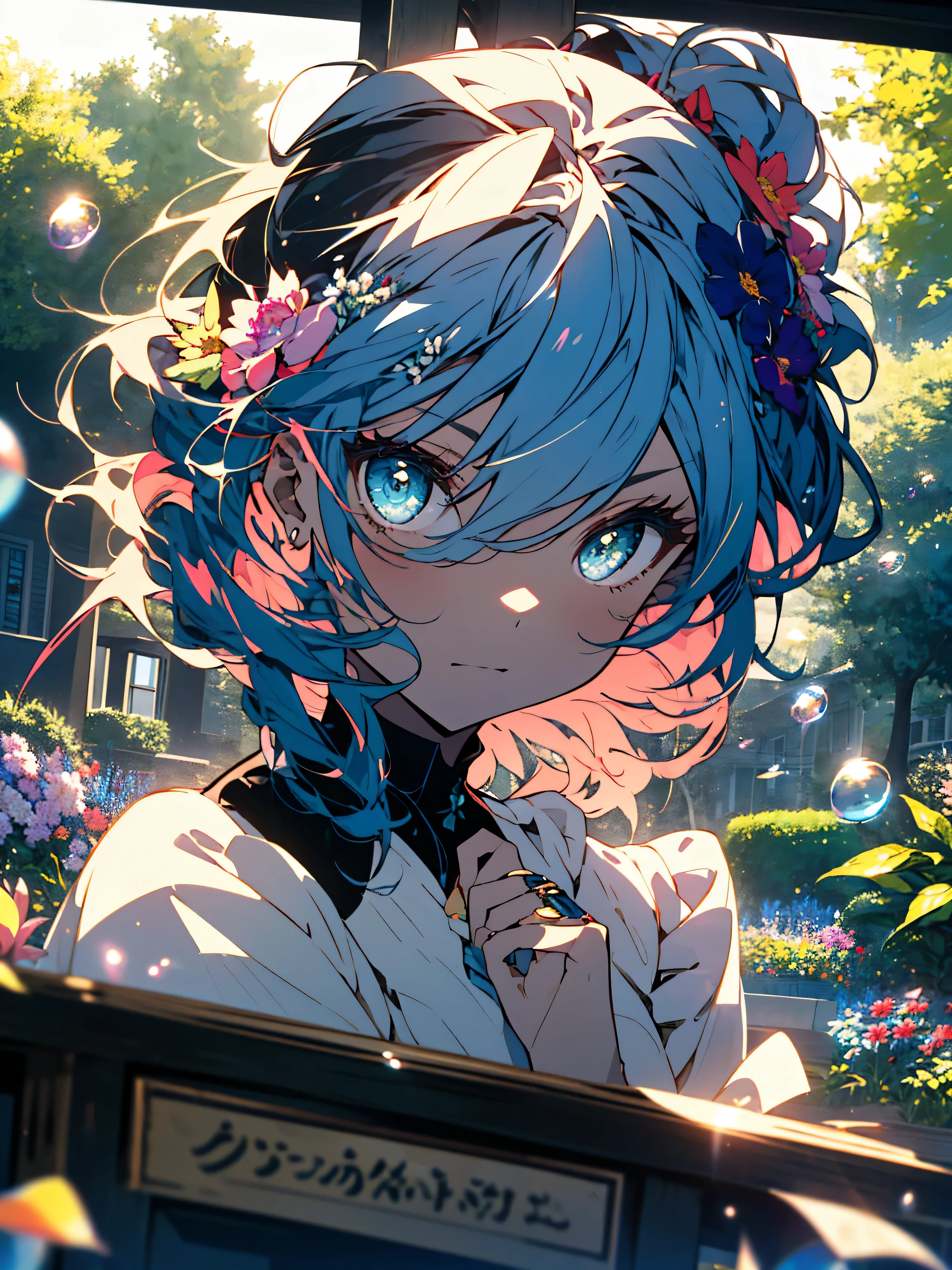 (masterpiece), (highest quality), (Super detailed),(shining eyes、detailed beautiful face),(beautiful hair),(shape), (1 girl), (fashionable clothes), Are standing, Fashion Model, looking at the viewer, (interview), (simple background),fine and beautiful eyes, delicate beautiful face, floating,(high color saturation),(colorful splashes),colorful bubble,(shining), focus on face,  ponytail, light blue hair, bangs, hair ring, floating flowers, floating hair, (shining), best writing, best shadow,((Colorful flower garden))、(Sit in the shade of a tree)、(Antique Music Box)、(beautiful anime)