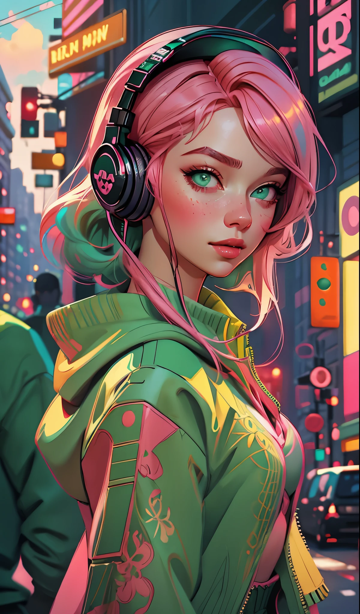 model girl wearing headphones, city background, emerald green eyes, pink hair, intricate details, aesthetically pleasing pastel colors, poster background, art by ilya kuvshinov