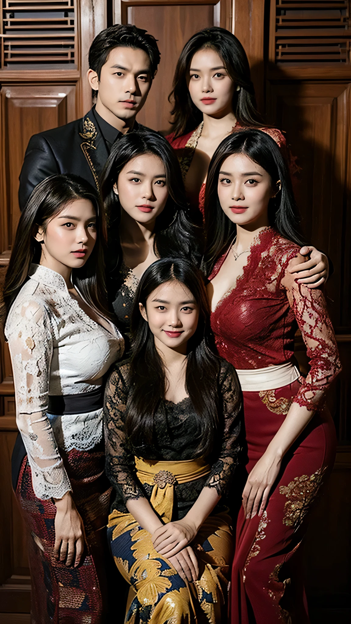 1 Family, Potrait of 3 wife Indonesian-chinese uighur girl,1 Indonesian boy (24 years old(husband)), Harem (Polygamy), long fashion hair, fit body, small cleavage, skintight black lace kebaya, batik skirt, masterpiece, highly detailed, ultra hd, 8k, detailed face, detailed eyes, perfect eyes, detailed skin texture, detailed lips, sexy lips, perfect hands, dynamic angle, cowboy shot, rich family