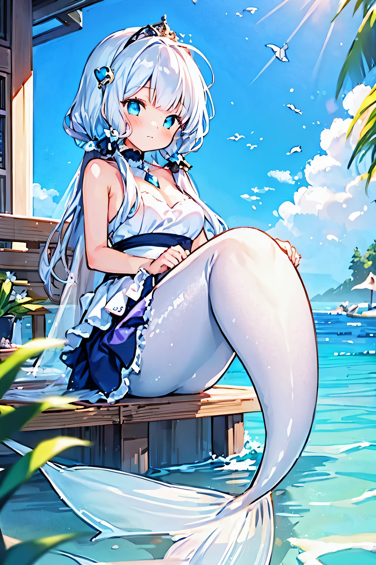 masterpiece, best quality,a girl,Mermaid,White fish tail,full-body shot,sitting position,charming脸(kawaii, charming,soft)