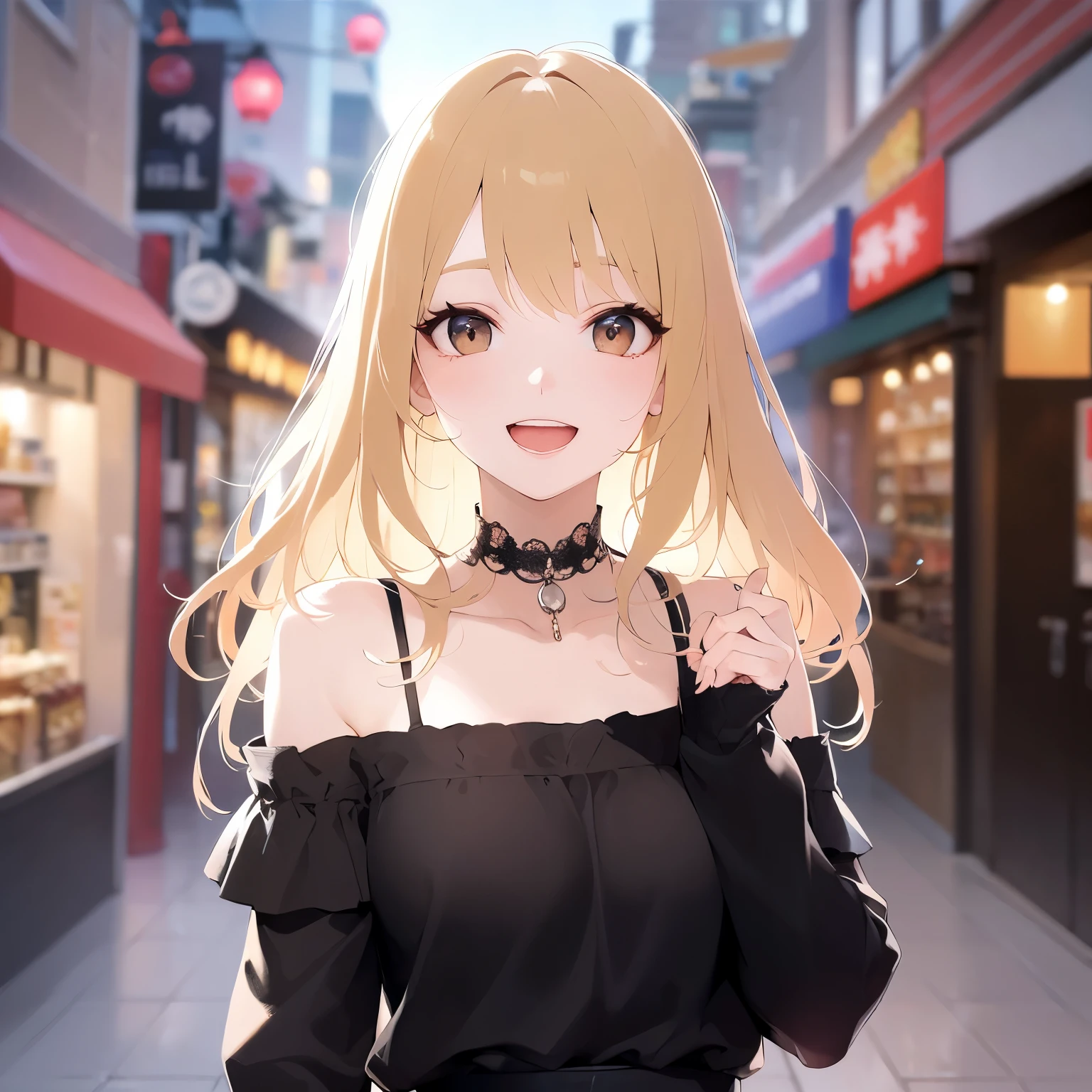 side amgle, Upper Body, Realistic, real person, (pale skin: 1.2), RAW photo, photorealistic, portrait photography, shiny skin, japanese idol、shiny hair、(25 year old woman with medium hair with blonde bangs) and (wavy hair) and (orange eyes) , (embarrassed:1.2), smile, open mouth, black off shoulder blouse、The background is a shopping street、Alone、Are standing、