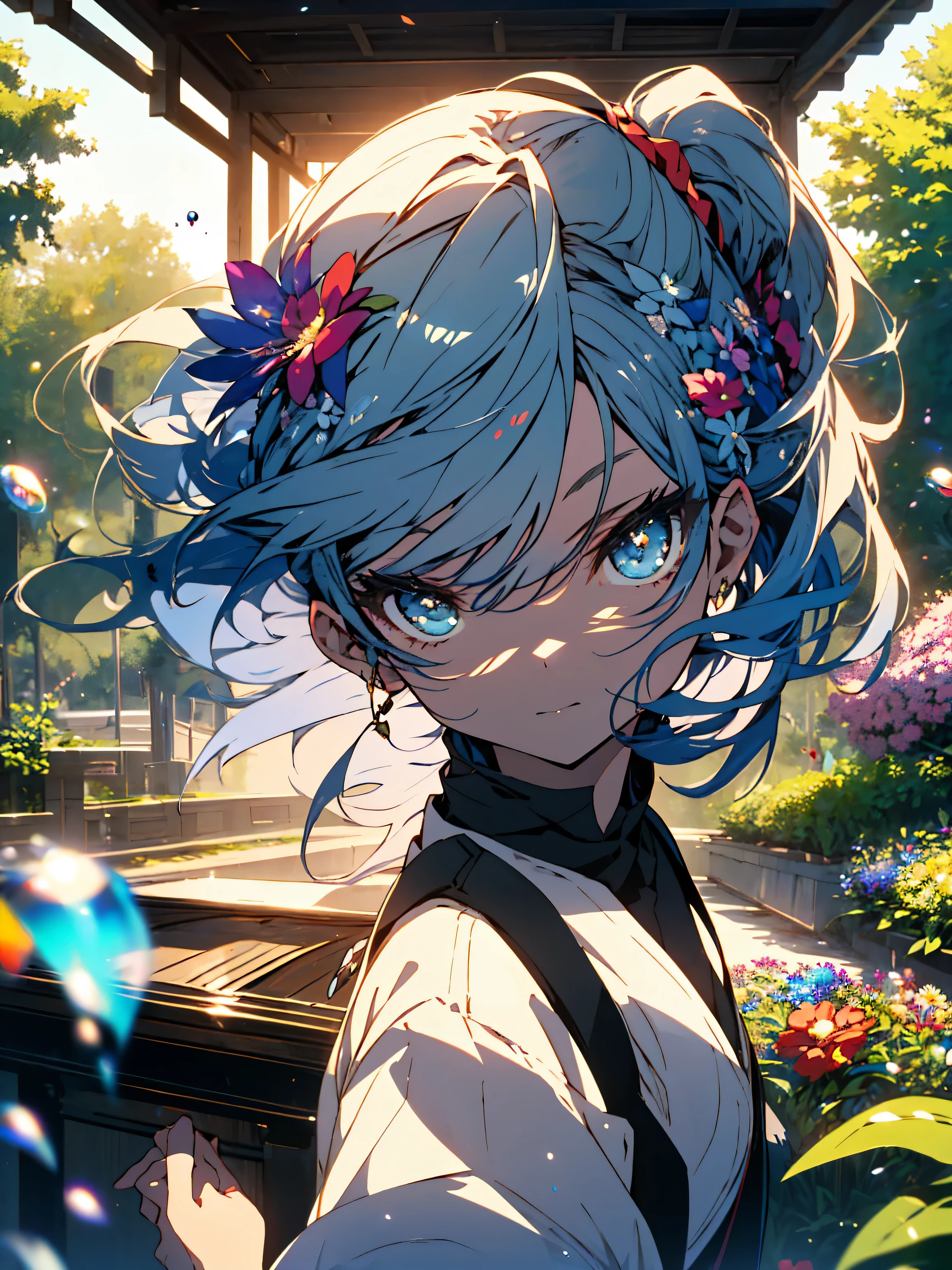 (masterpiece), (highest quality), (Super detailed),(shining eyes、detailed beautiful face),(beautiful hair),(shape), (1 girl), (fashionable clothes), Are standing, Fashion Model, looking at the viewer, (interview), (simple background),fine and beautiful eyes, delicate beautiful face, floating,(high color saturation),(colorful splashes),colorful bubble,(shining), focus on face, ponytail, light blue hair, bangs, hair ring, floating flowers, floating hair, (shining), best writing, best shadow,((Colorful flower garden))、(Sit in the shade of a tree)、(Antique Music Box)、(beautiful anime)